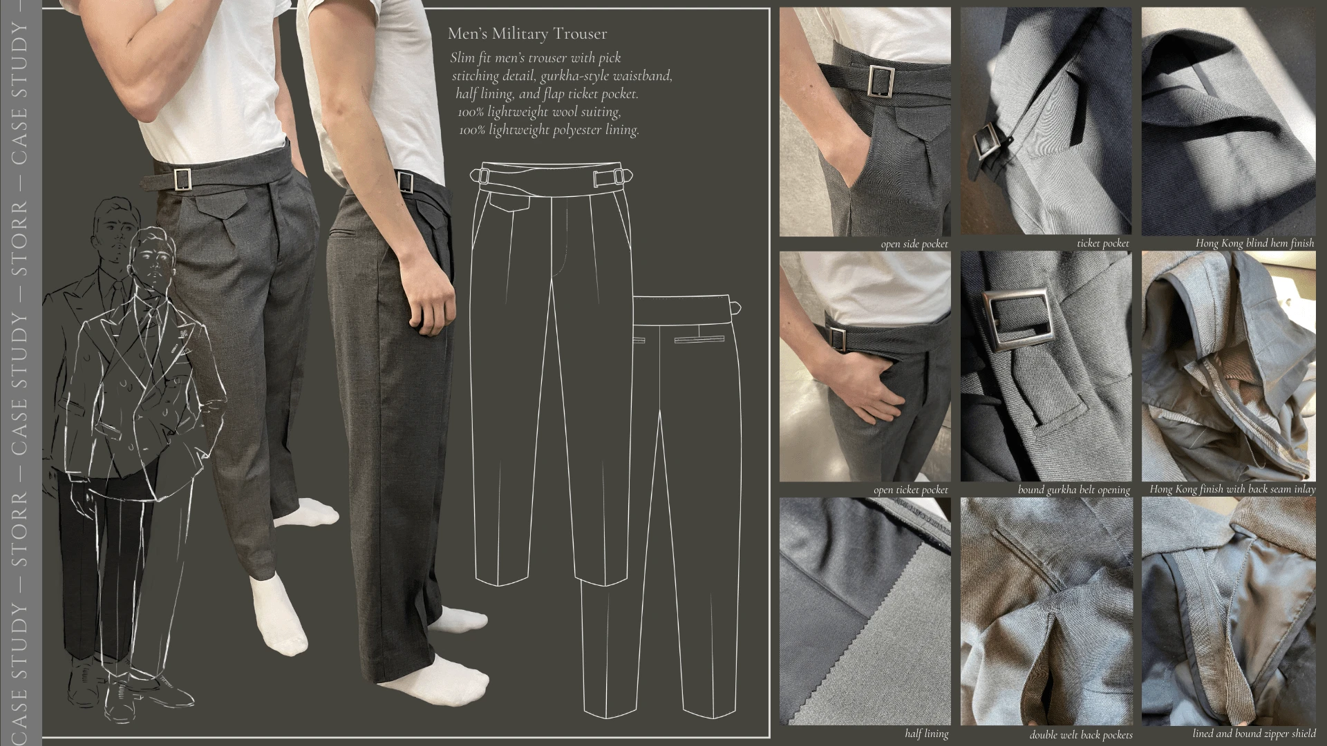 Details for the men's military trouser from the F/W 2024 collection, including technical flats and original sketch.