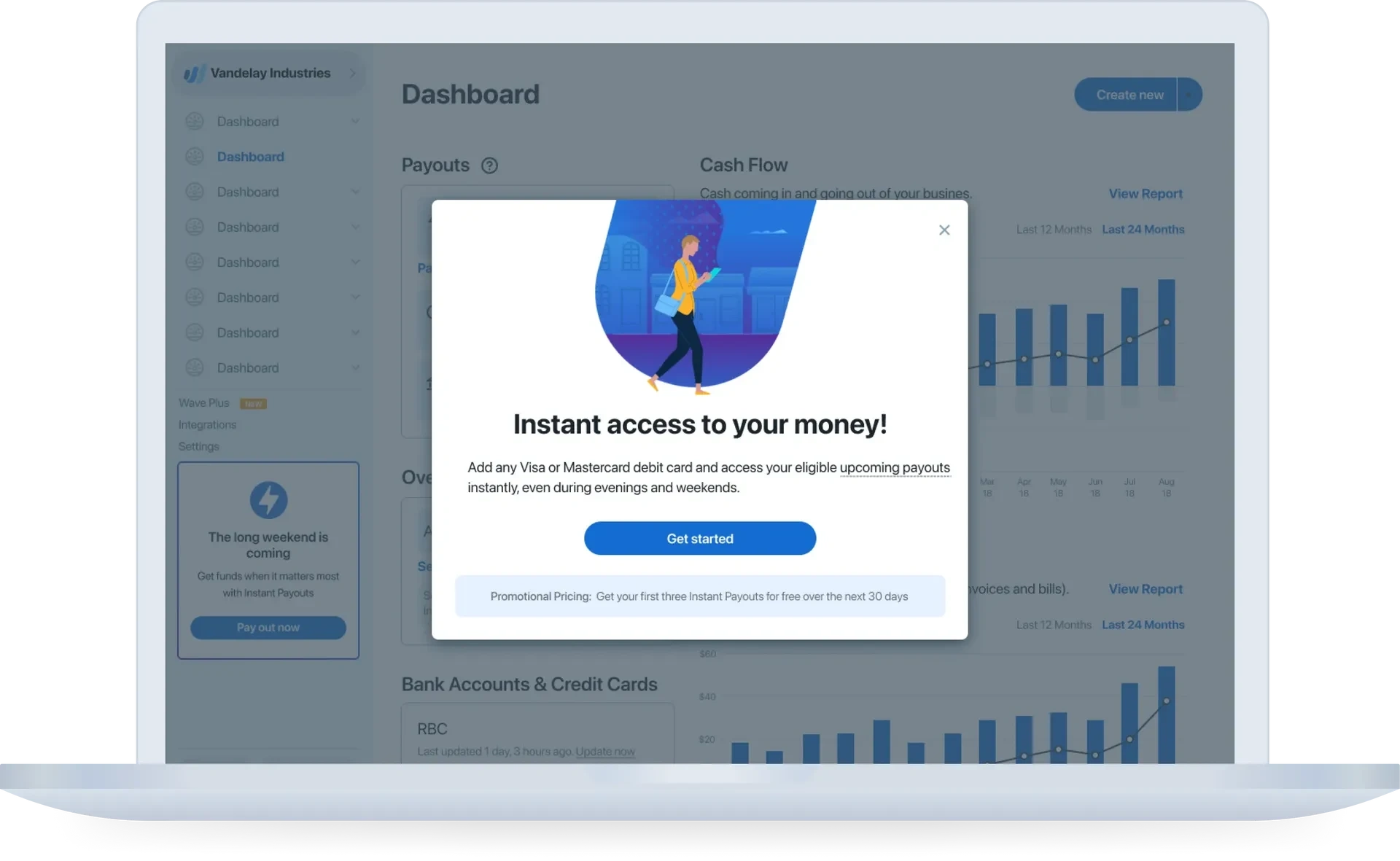 Instant payouts: product discovery. Using a modal, we are able to route existing users into the Instant Payouts onboarding flow.