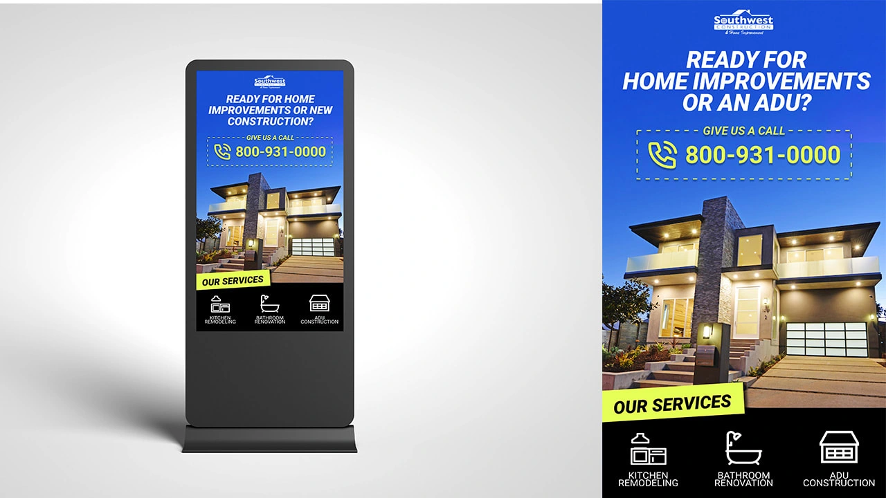 A bold and impactful digital signage advertisement designed to capture attention and convey the core message of the construction company in mere seconds.