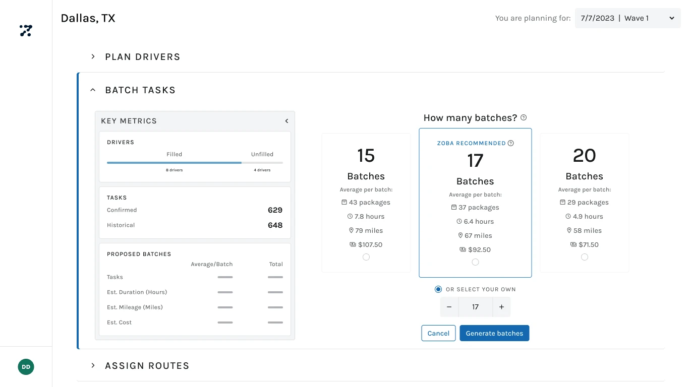 Step 2: The user has control over how many batches - this was the critical step. Zoba’s engine recommendation was highlighted, but the user maintained full control.