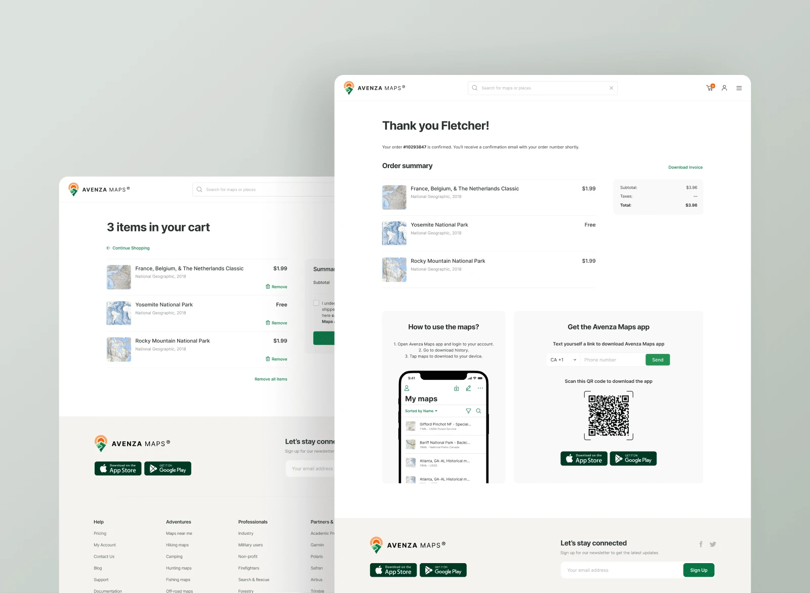 Checkout and confirmation pages with instructions on how to use the purchased maps.