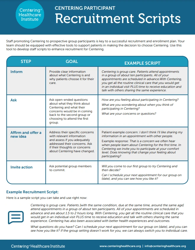 4-page sample scripts and guidelines to help clinicians market Centering to their patients