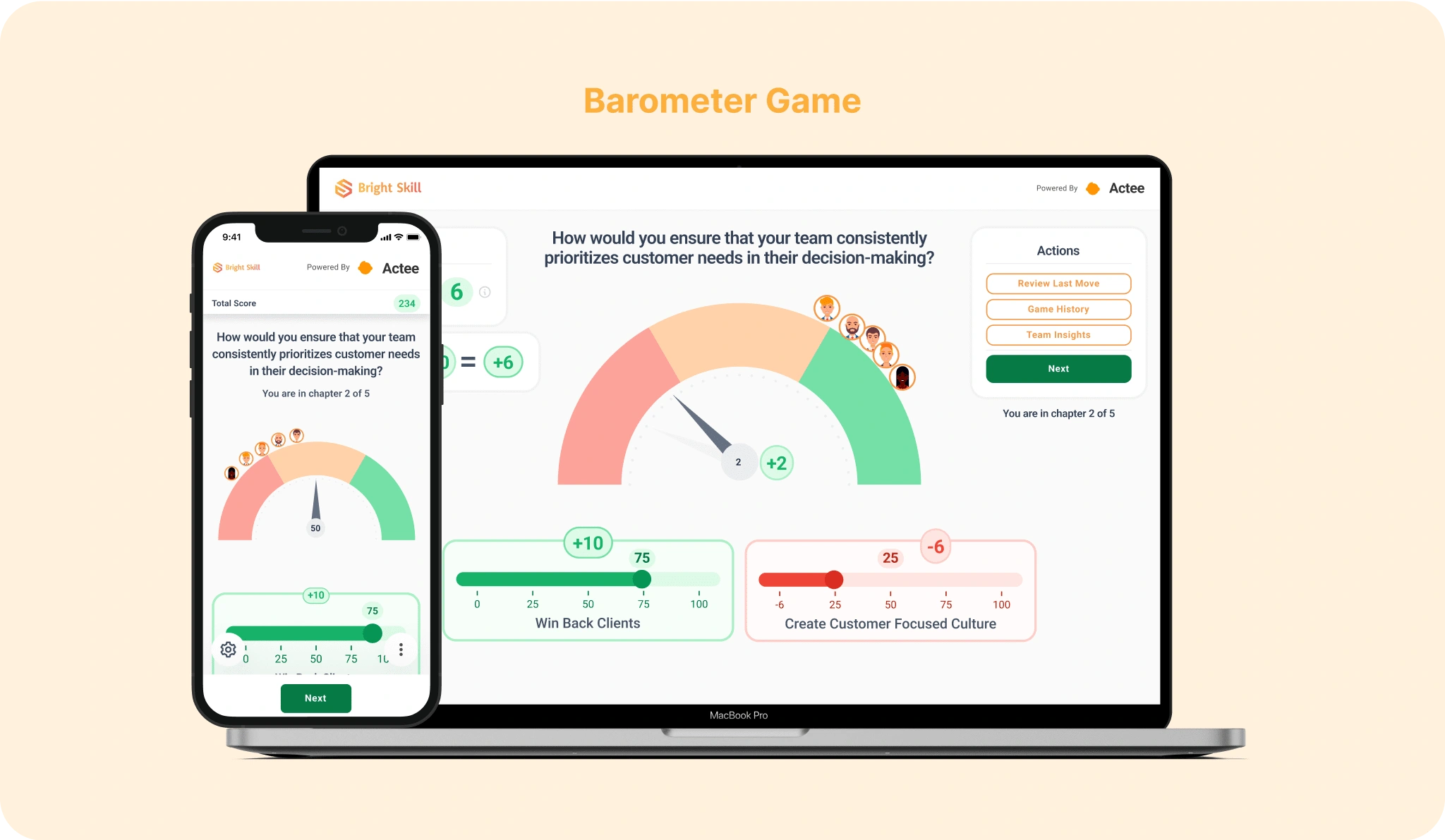 The Barometer Game focuses on leadership styles and their impact on workplace dynamics. Players make decisions and see how their leadership choices influence team morale, productivity, and organizational outcomes over time.