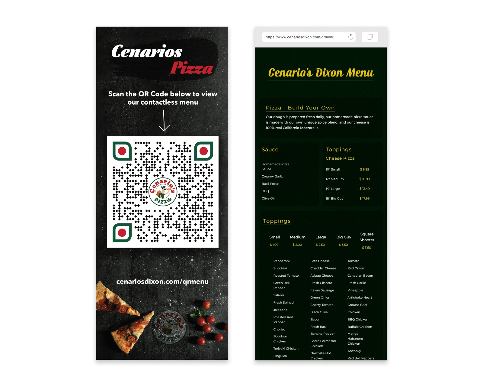 Custom-branded QR code for print and mobile-optimized menu page for Cenario's Pizza