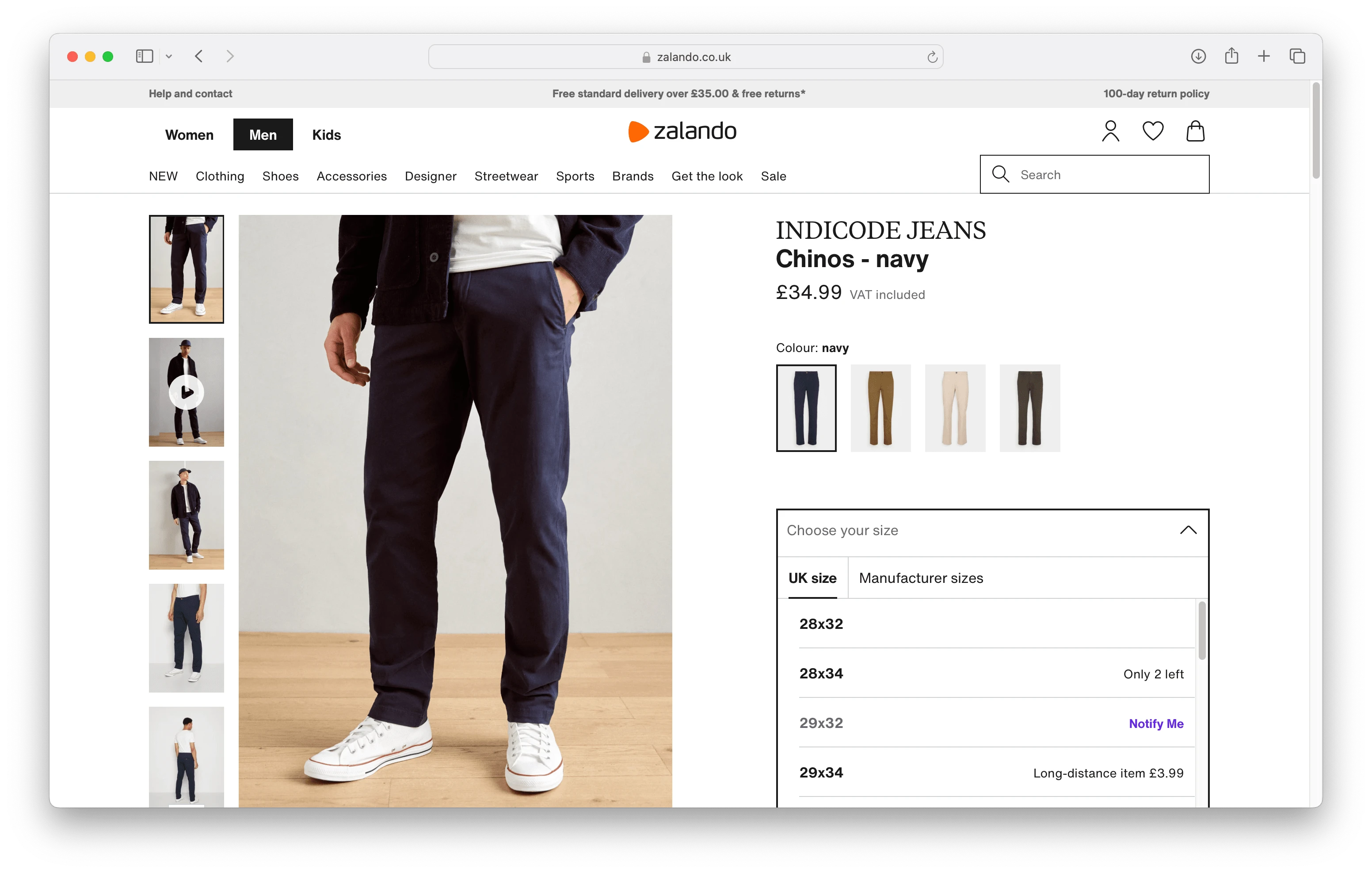 Zalando limits size options to only UK metrics for jeans, which may complicate sizing for users familiar with other measurement systems.