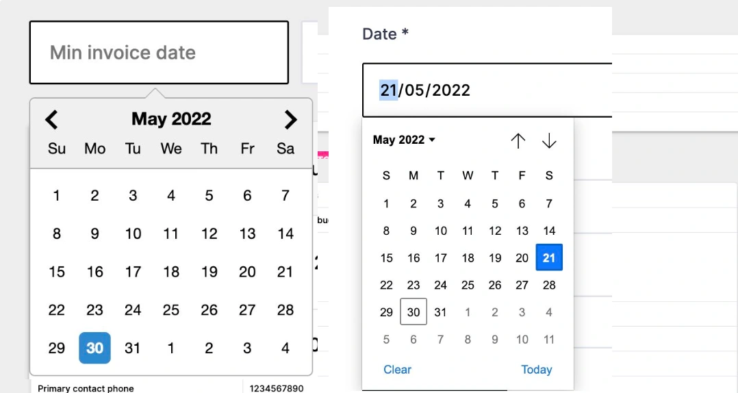 An example of inconsistency on the platform showing different date picker styles.