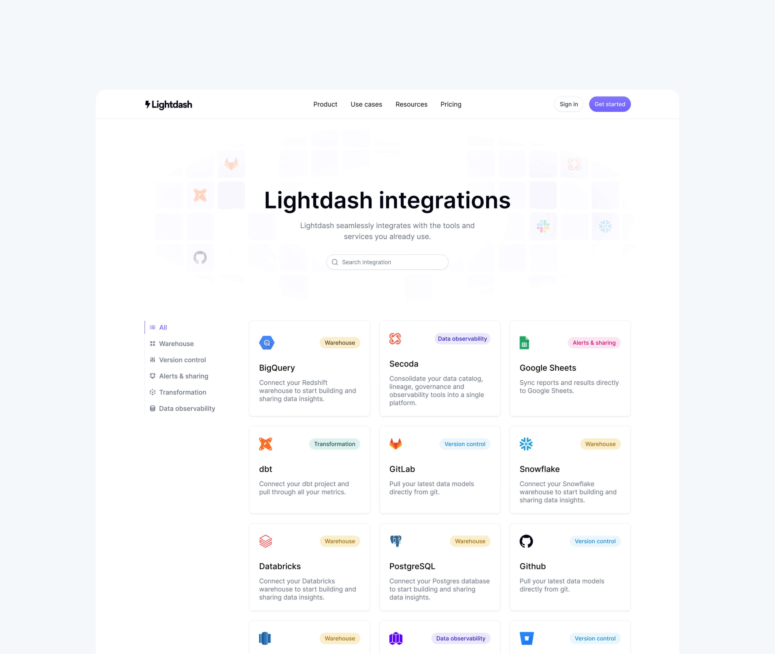 Filterable Lightdash Integrations page built in Webflow