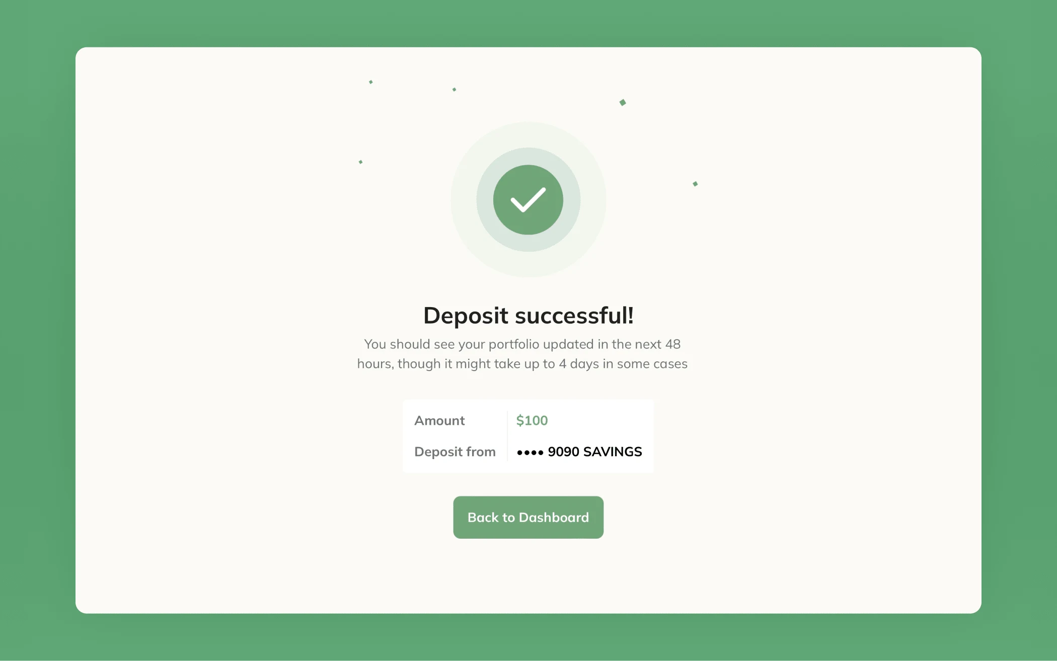 Deposit confirmation. Investments start from just $10