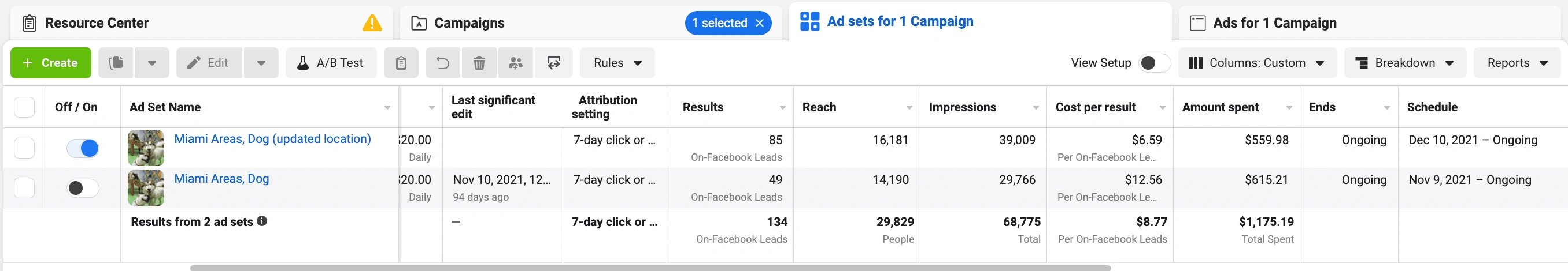 Two ad sets, differentiated as per location