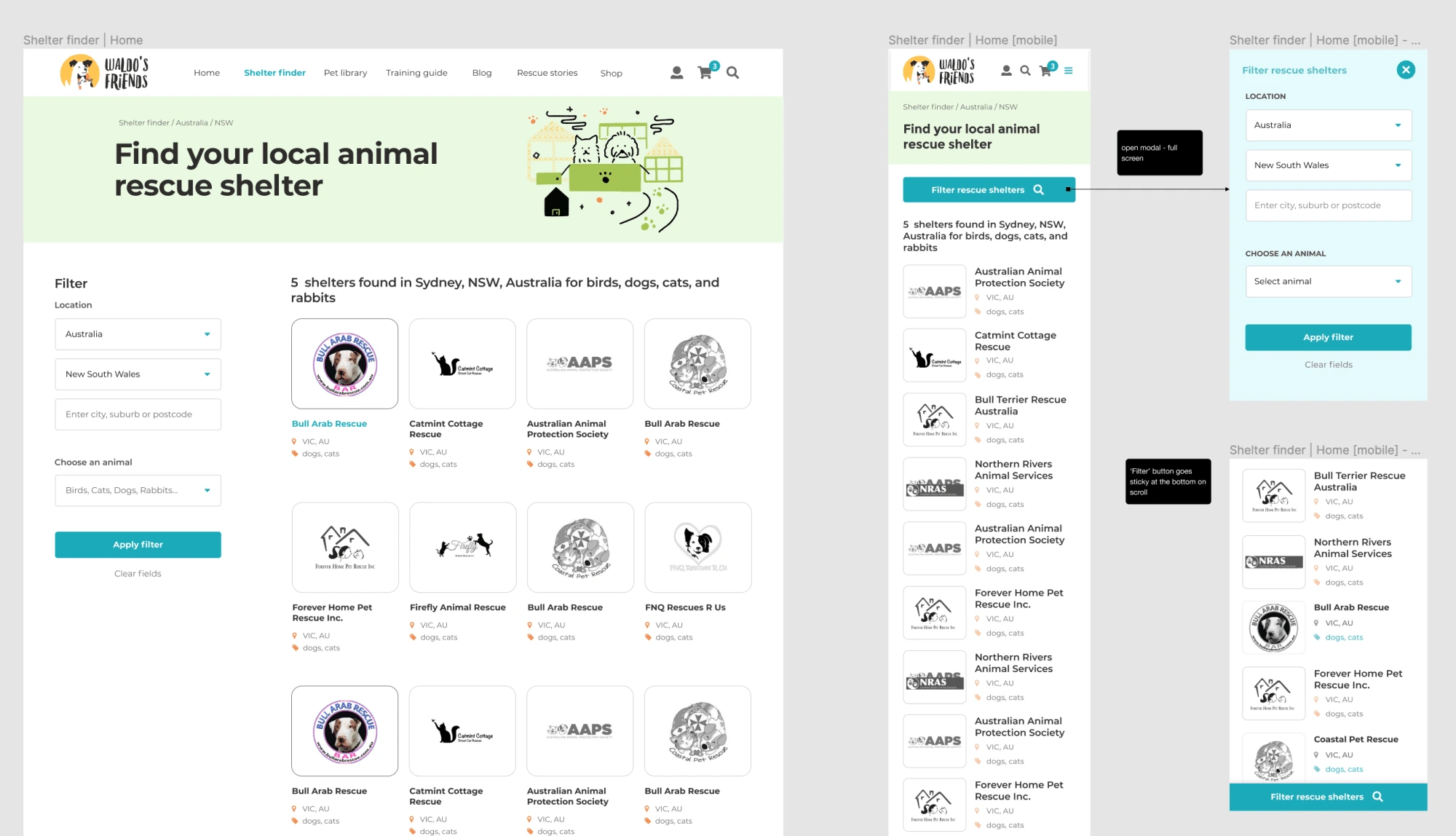 Mockups for the shelter finder's search results page, including designs on how it works on mobile devices.