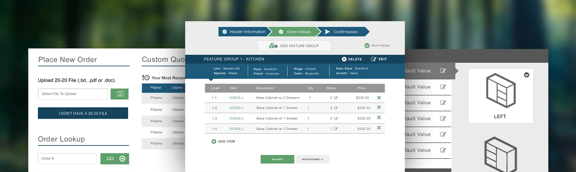 MyElkay is an online portal for order entry and inquiry for any of Elkay's cabinetry reps. Reps look up the latest information on their orders and download sales order acknowledgements and manage users as you see fit for your individual account or group of accounts.

The main purpose of this project was to design an easily accessible technical solution to manage and change orders, check product specifications and styles, and create a user friendly system where they could not only search and manage orders, but to better organize products into feature groups of the rooms the products were designed for while placing an order.