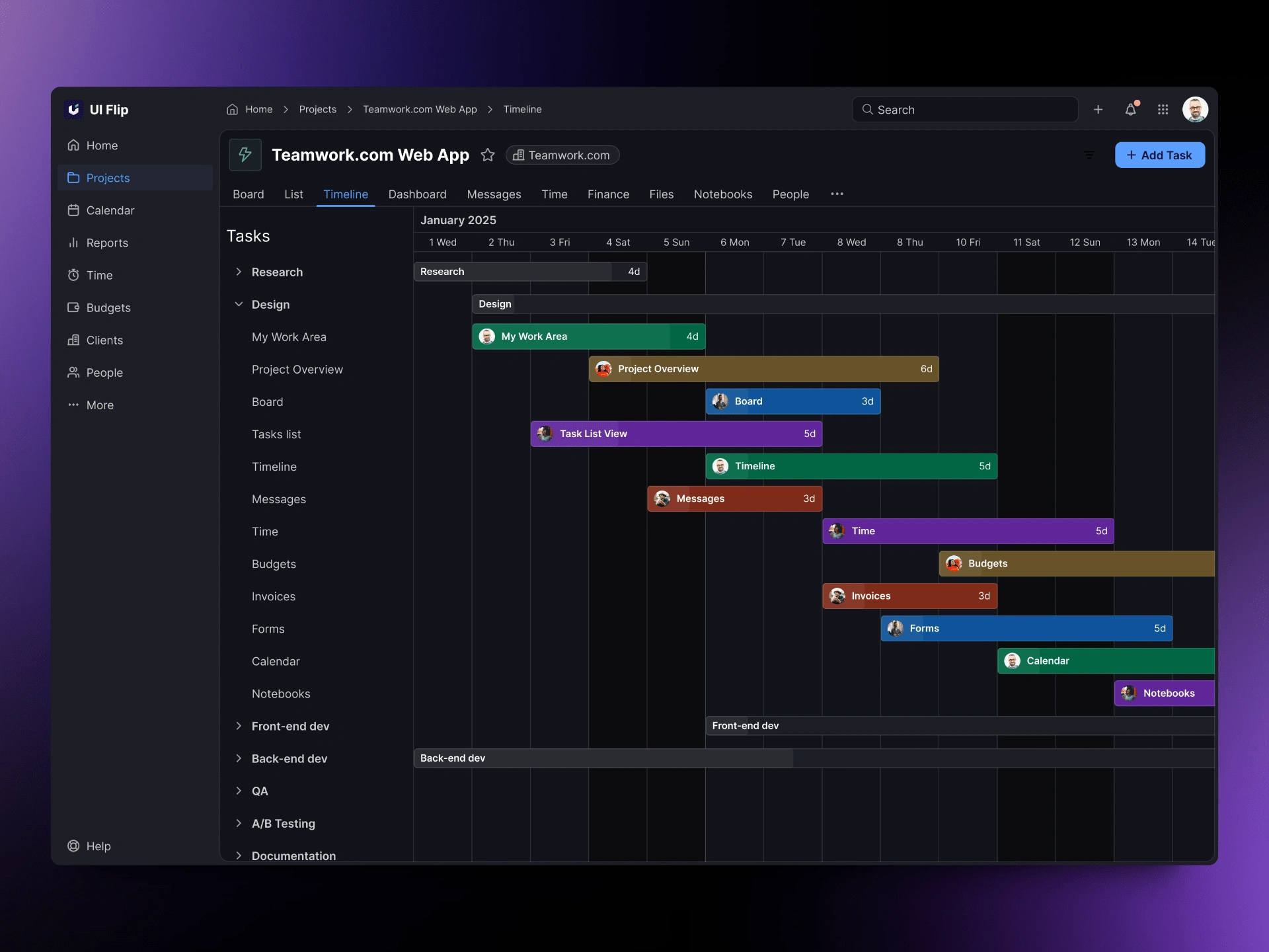 Teamwork.com Project Timeline View Dark Mode