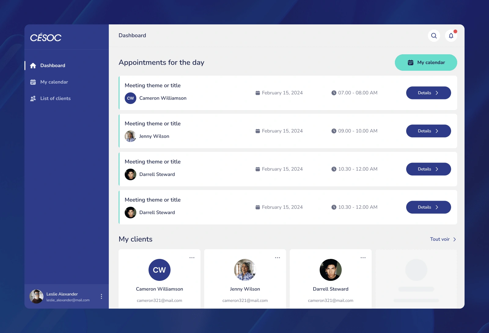 Сonsultant dashboard with an appointment schedule and a list of clients.