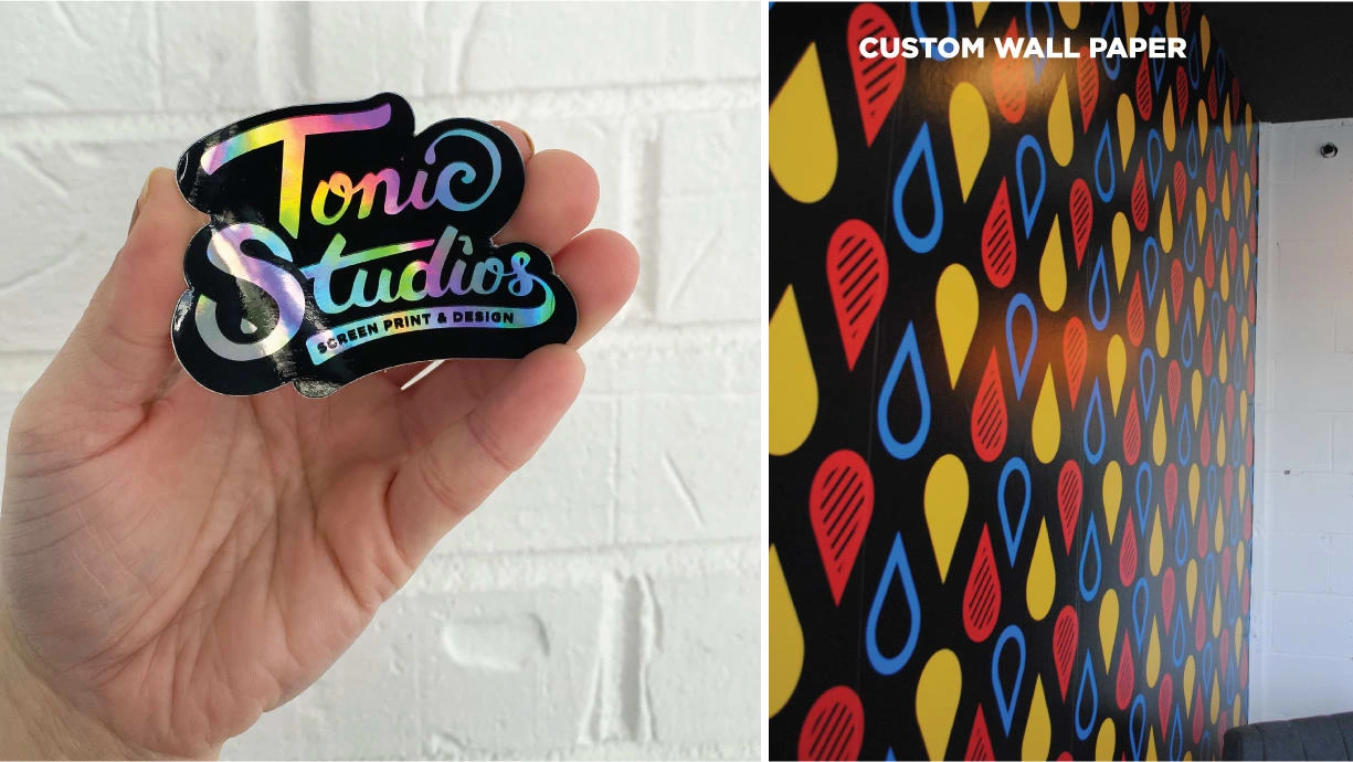 Holographic sticker of alternative logo and custom wallpaper inside the studio.