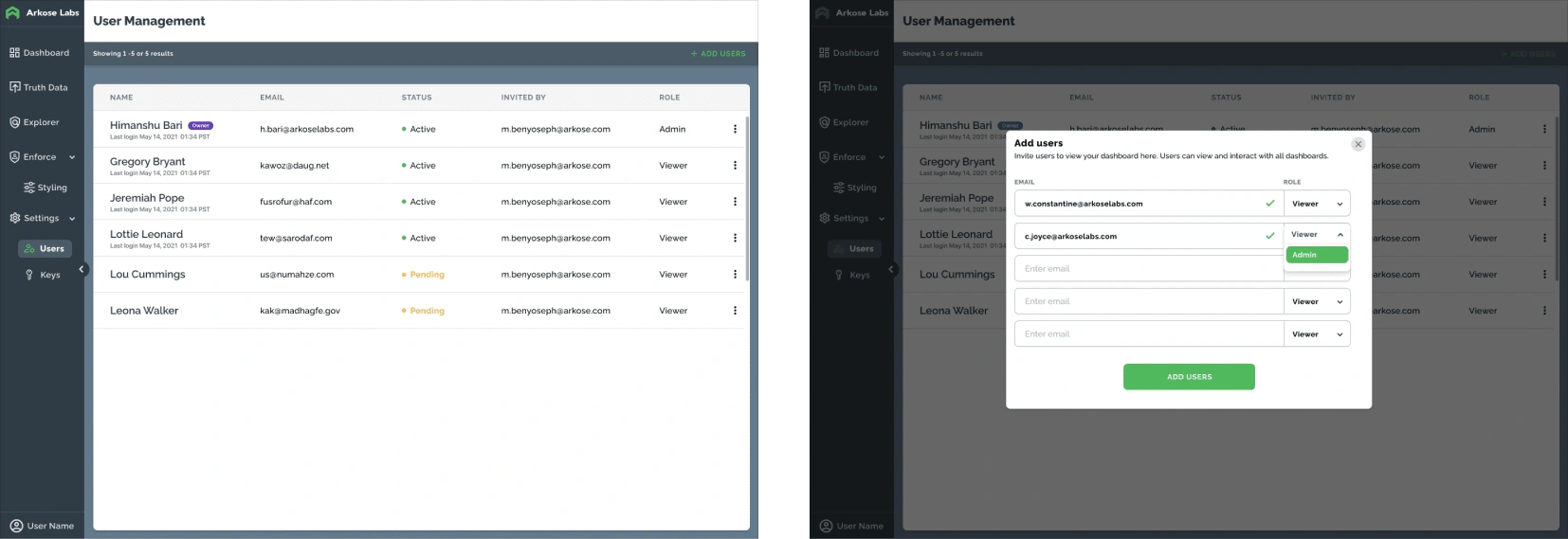 Final designs of the User and Accounts section in Arkose Labs Portal