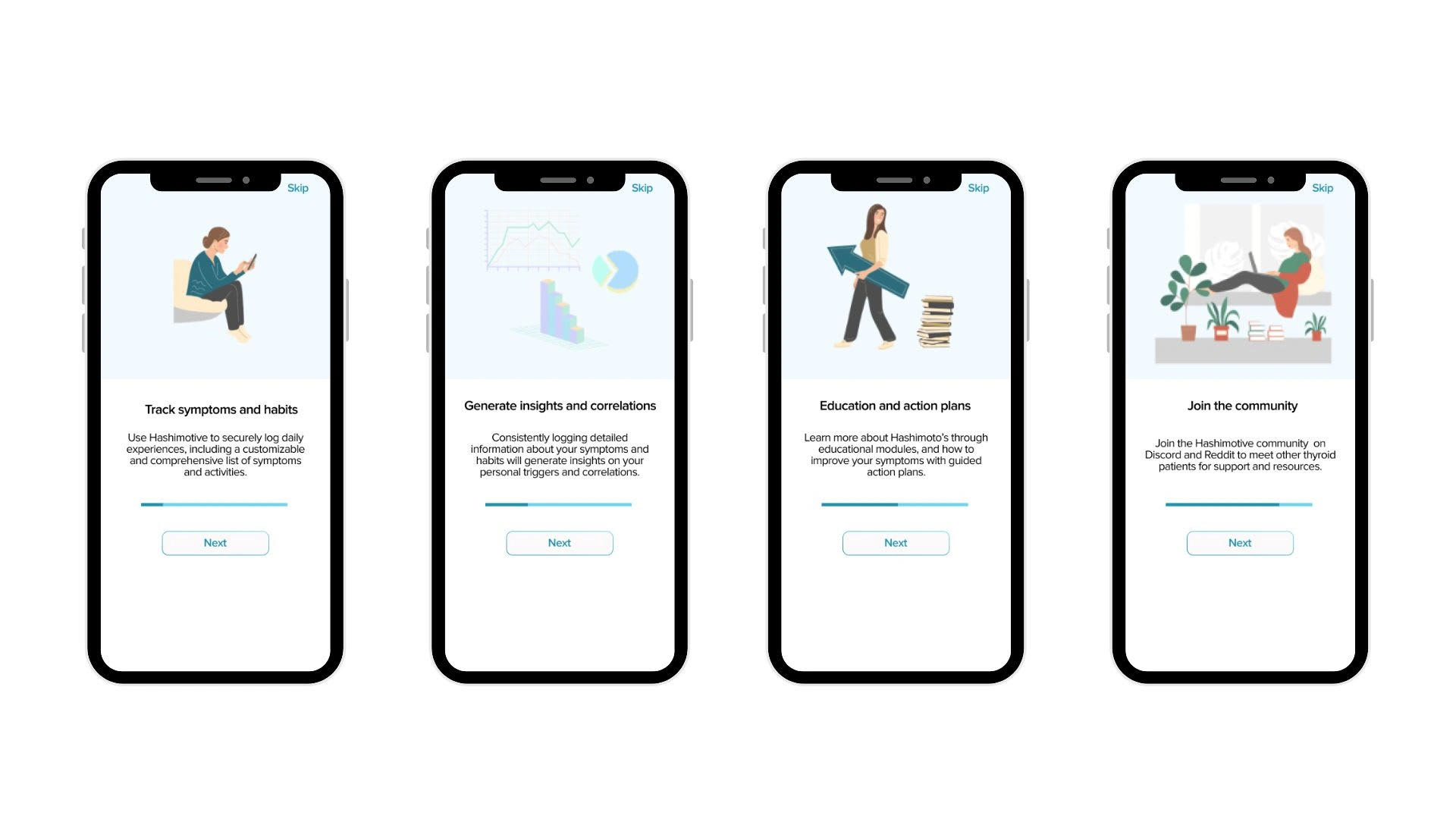 The initial onboarding screens provide an overview of Hashimotive features