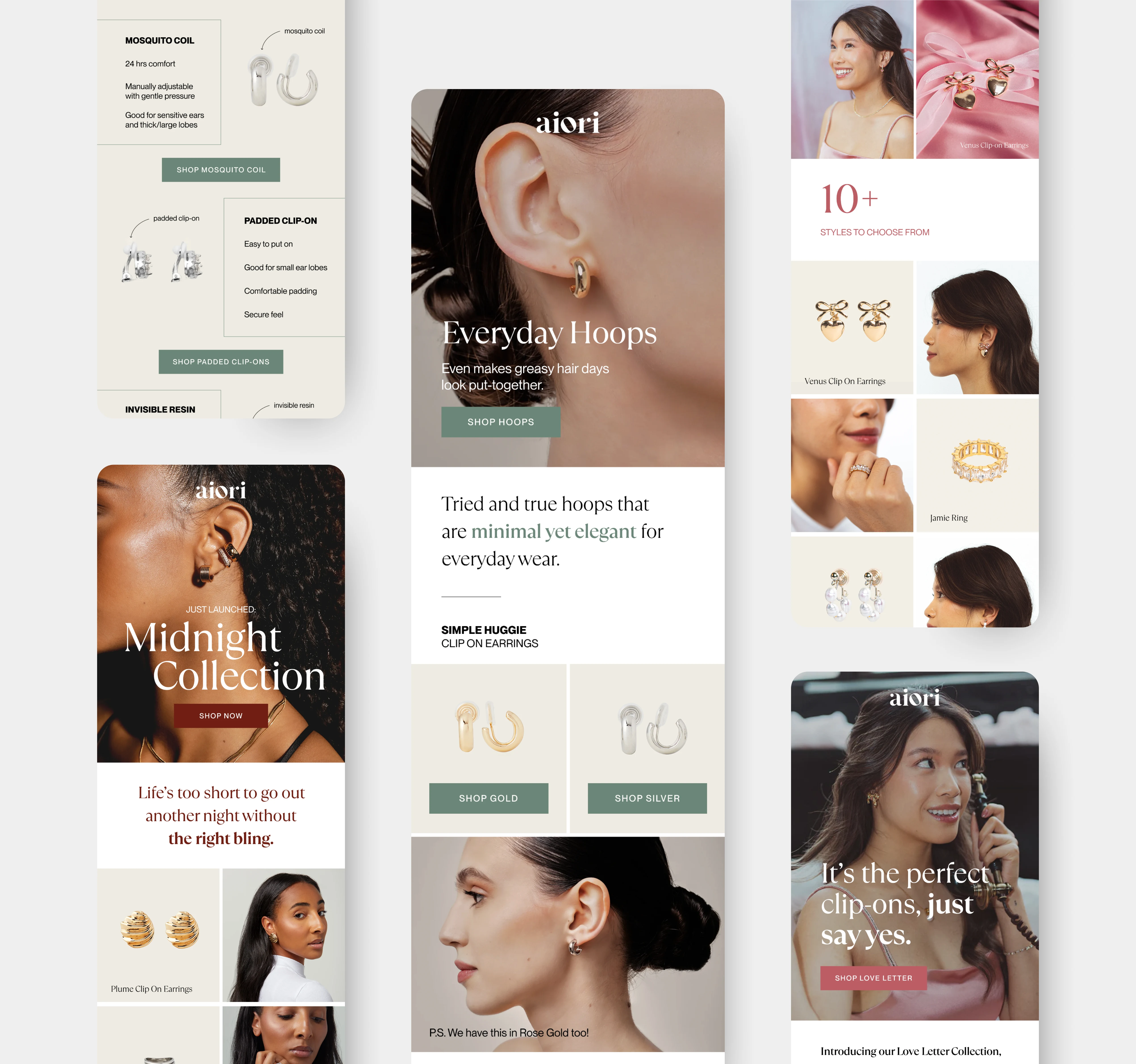 Email Designs for Aiori, a modern pierce-free jewelry brand.