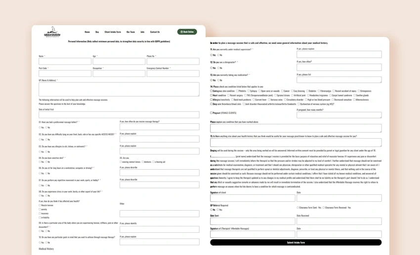 Simple and Advanced Client Intake form page