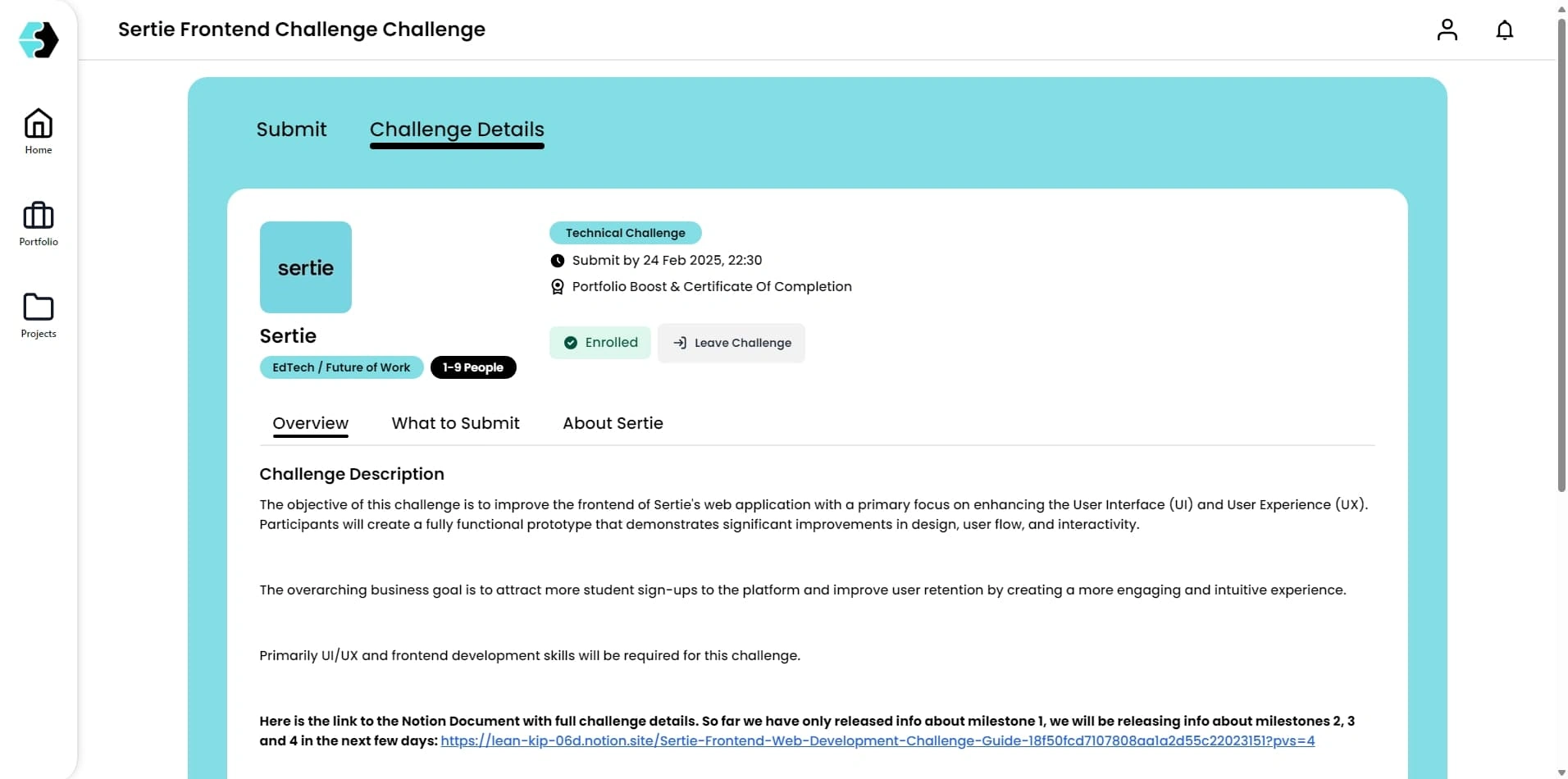 Screenshot of challenge description page