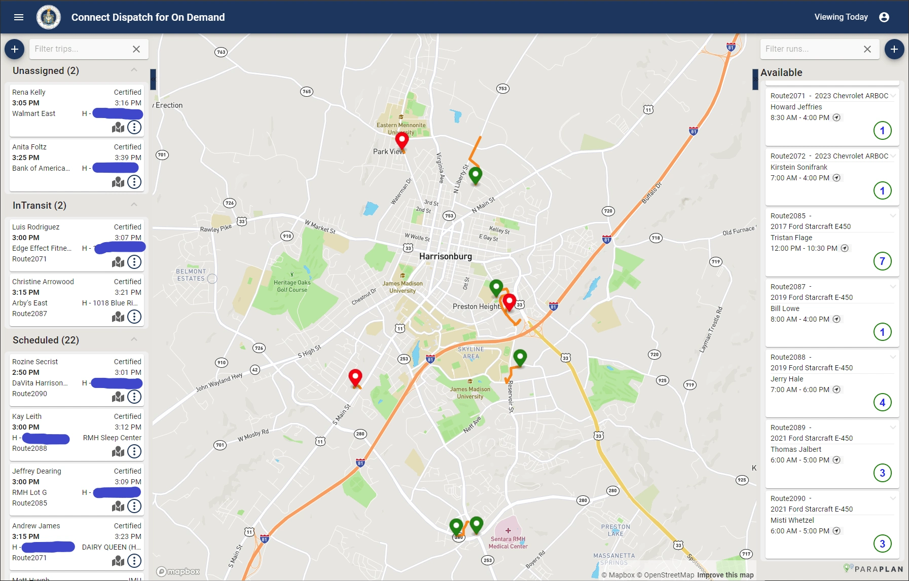 The default view. Red buses are stopped. Trails show a brief history.