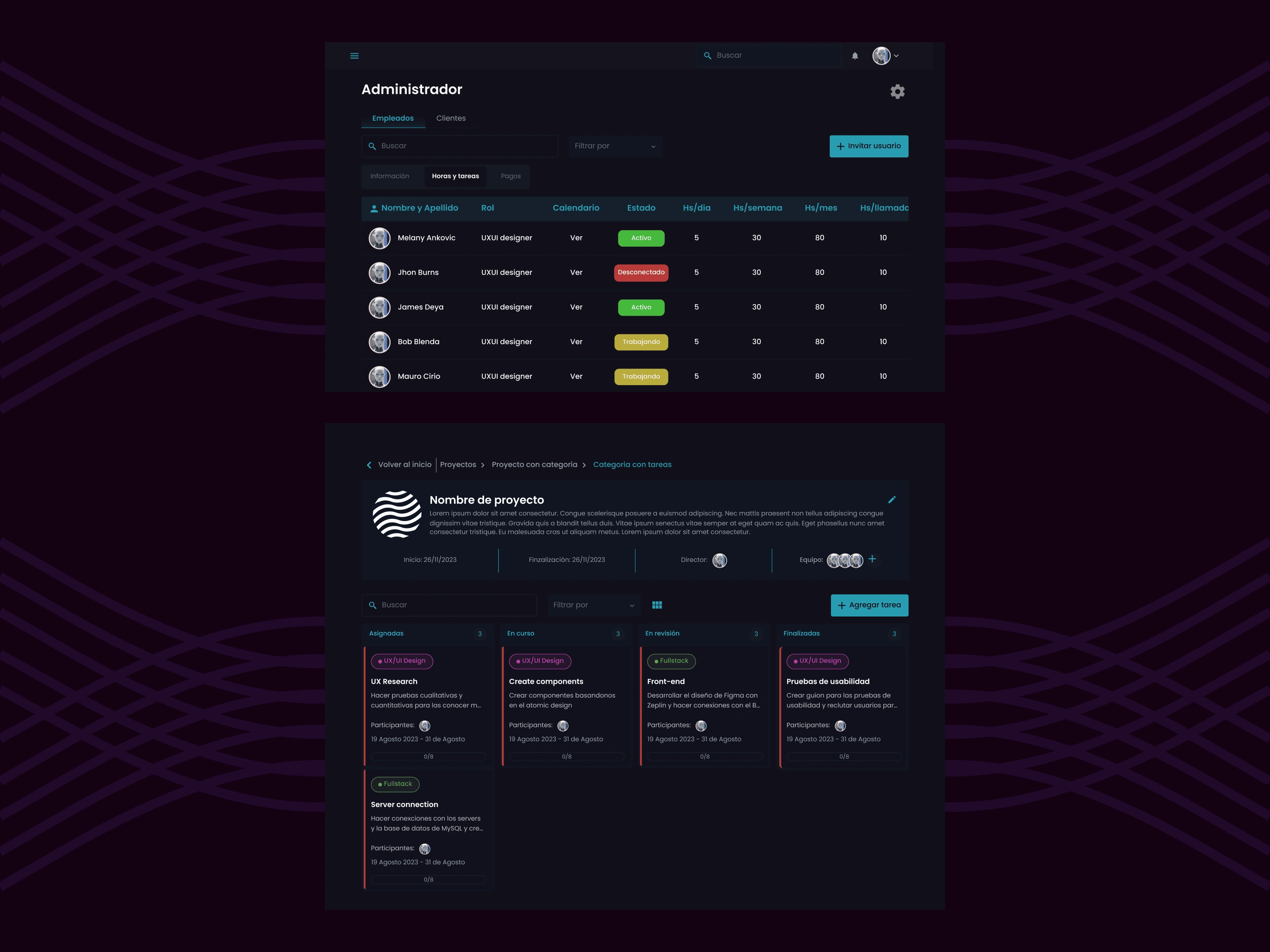 Task manager and screen of the payment status 