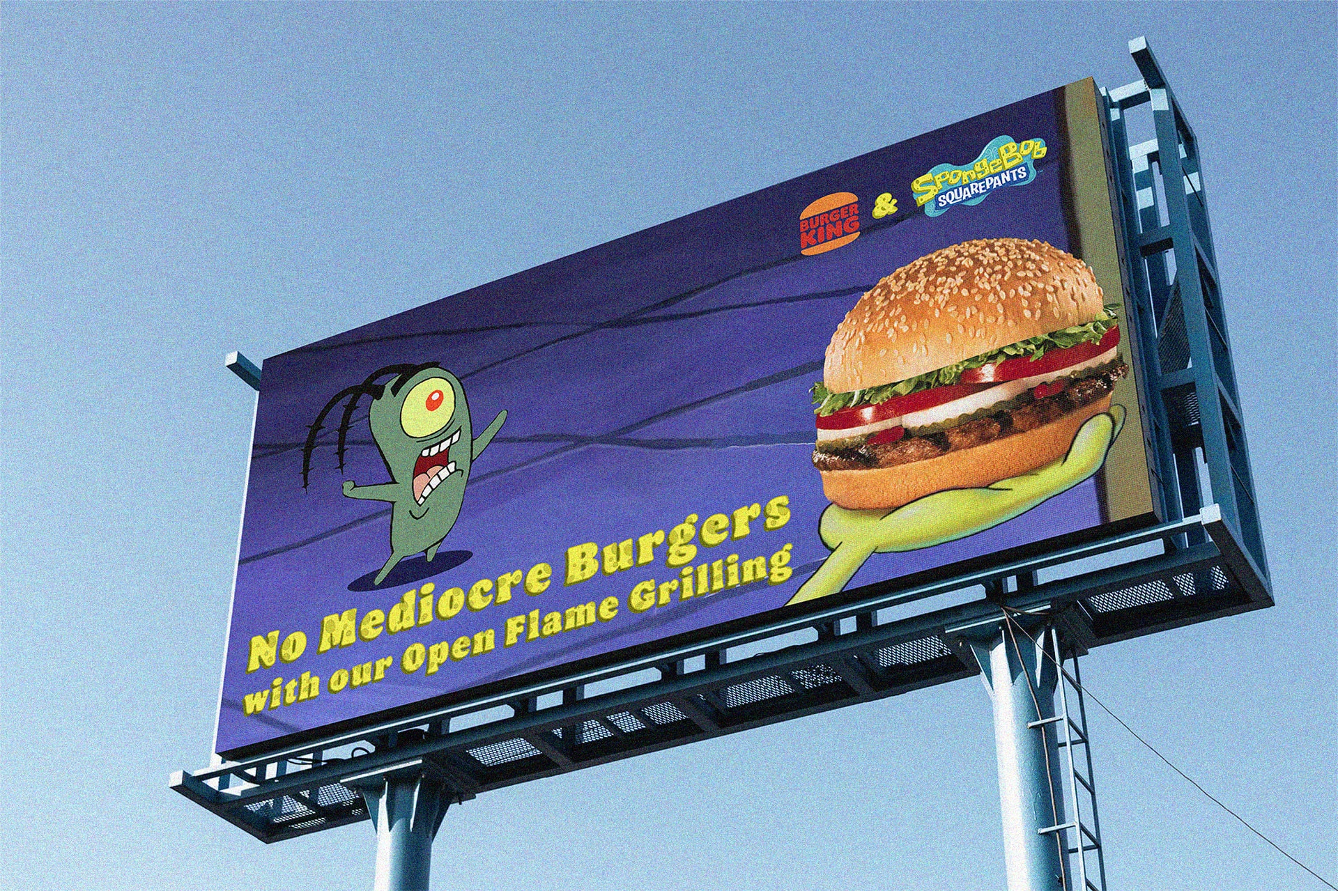 A billboard featuring Plankton, who is always scheming to steal the Krabby Patty from the cartoon, reaching for a King's burger can be eye-catching and humorous.