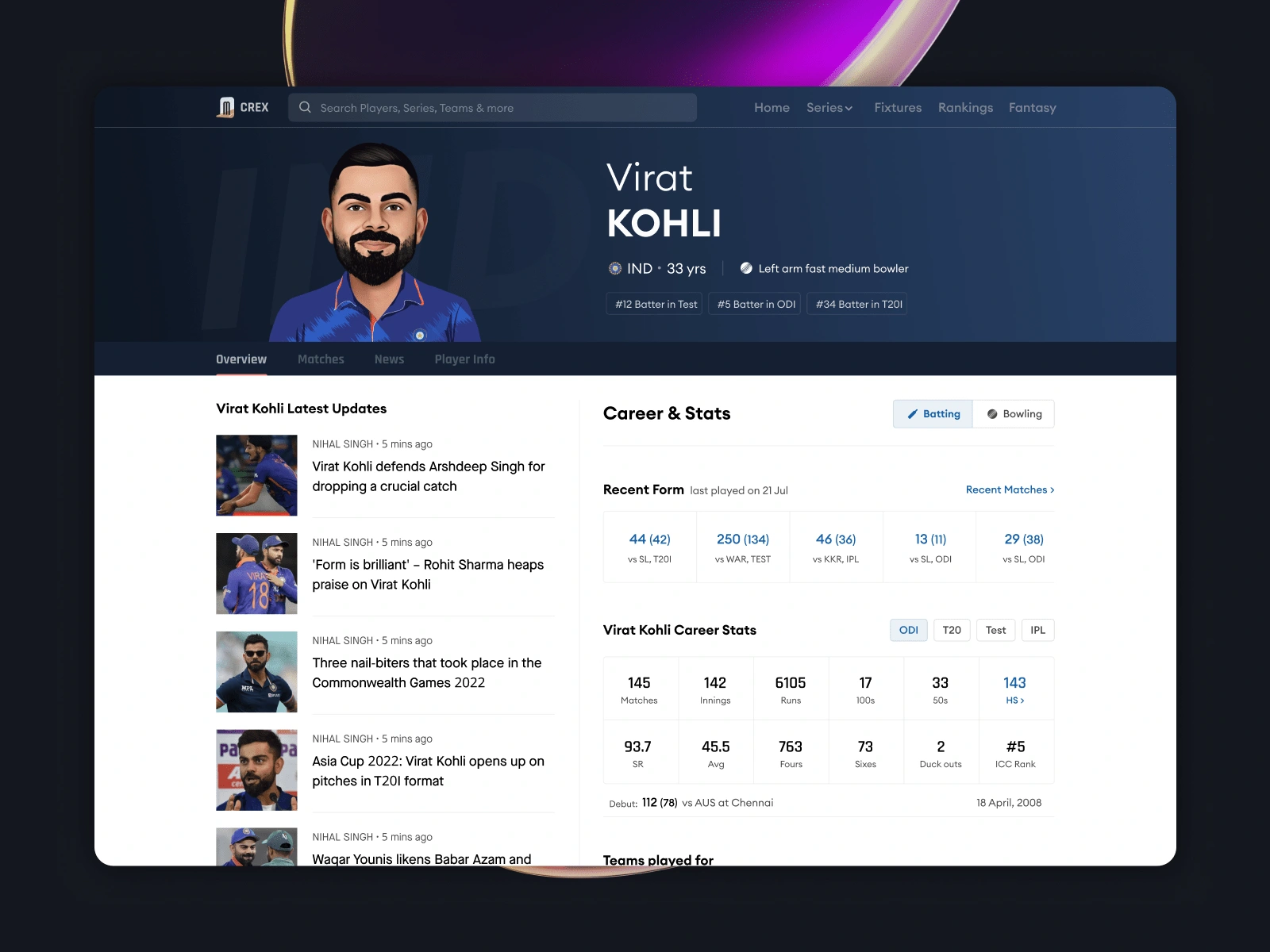 Player Profile Page, Light Theme