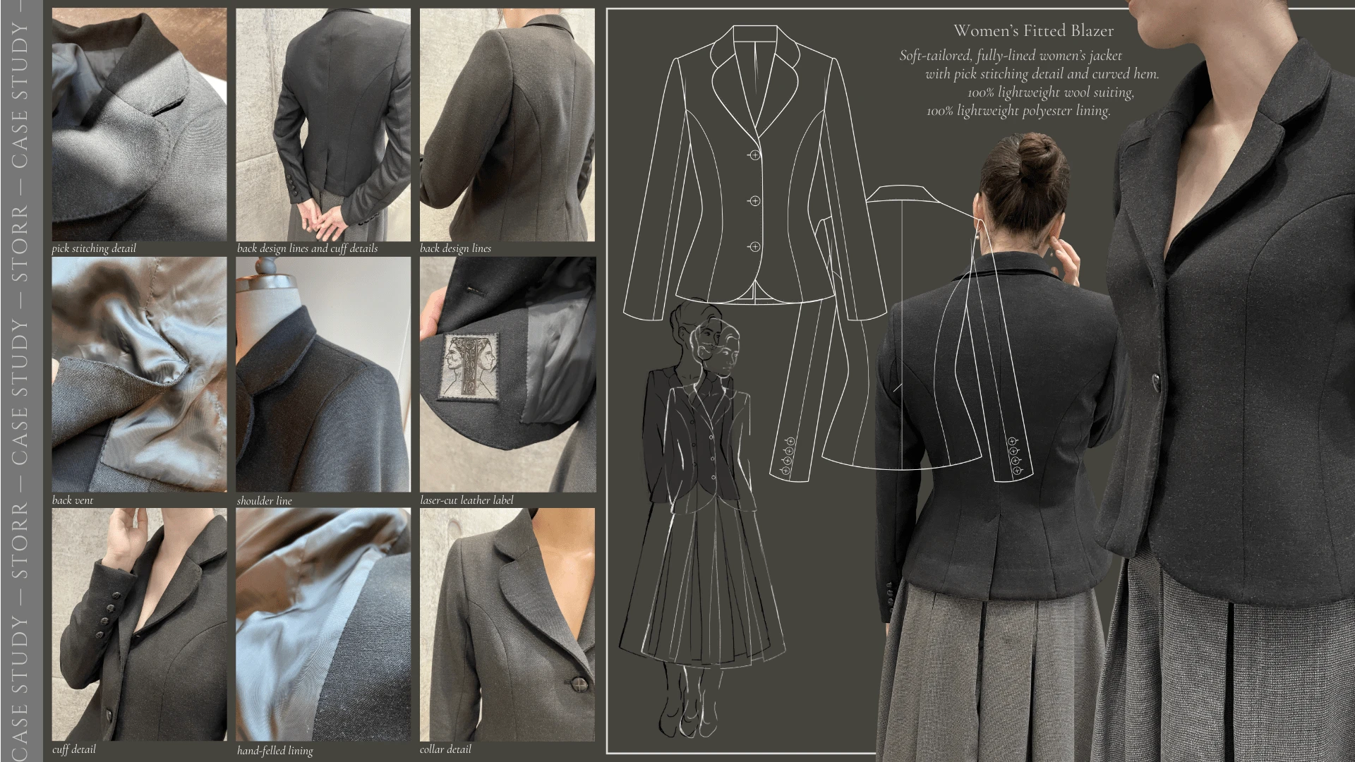 Details for the women's fitted blazer from the F/W 2024 collection, including technical flats and original sketch.