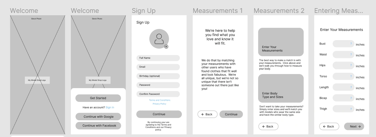 Low Fidelity Prototype in Figma showing the user sign-up flow.