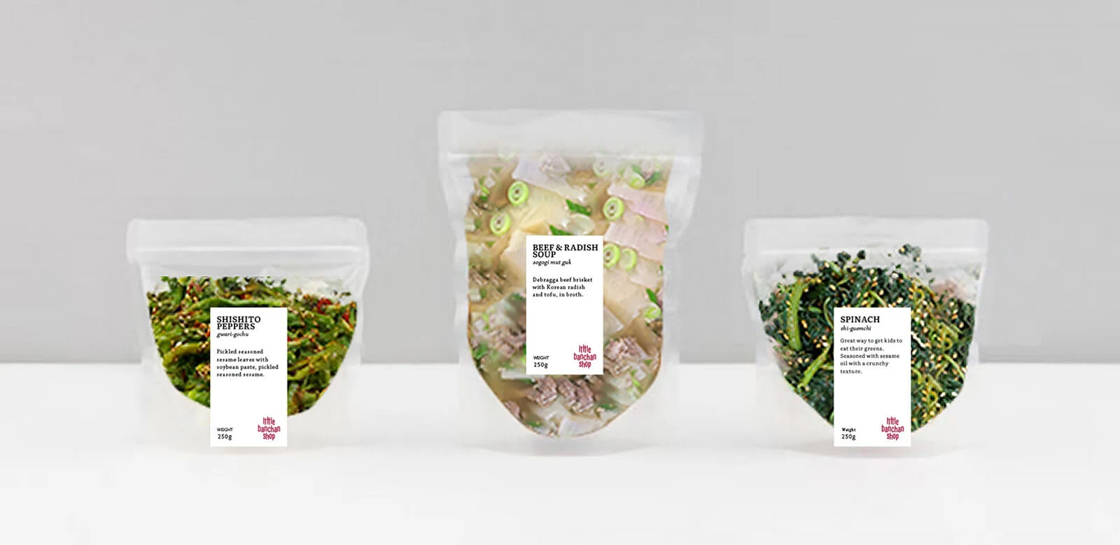 The pouch packaging was designed to be resealable and double as signage and describe the food and usage, as well as easy to print and apply. Also, the Korean phonetic name would also feature on the labels as Korean food was becoming more popularized in social media.