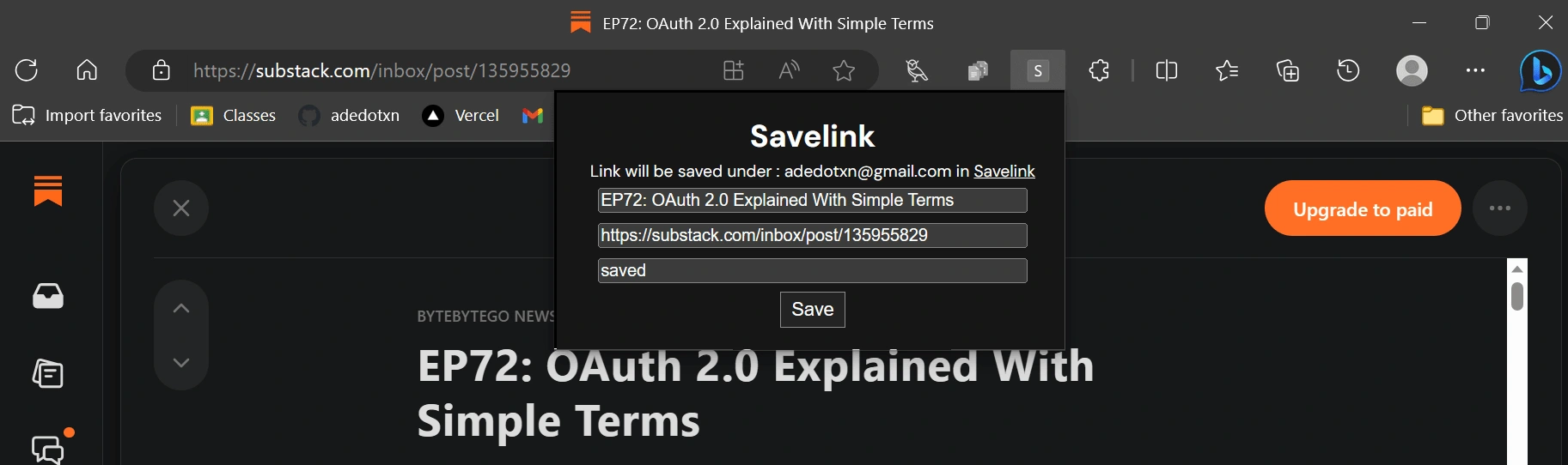 an example of a user using the extension to save a substack link.