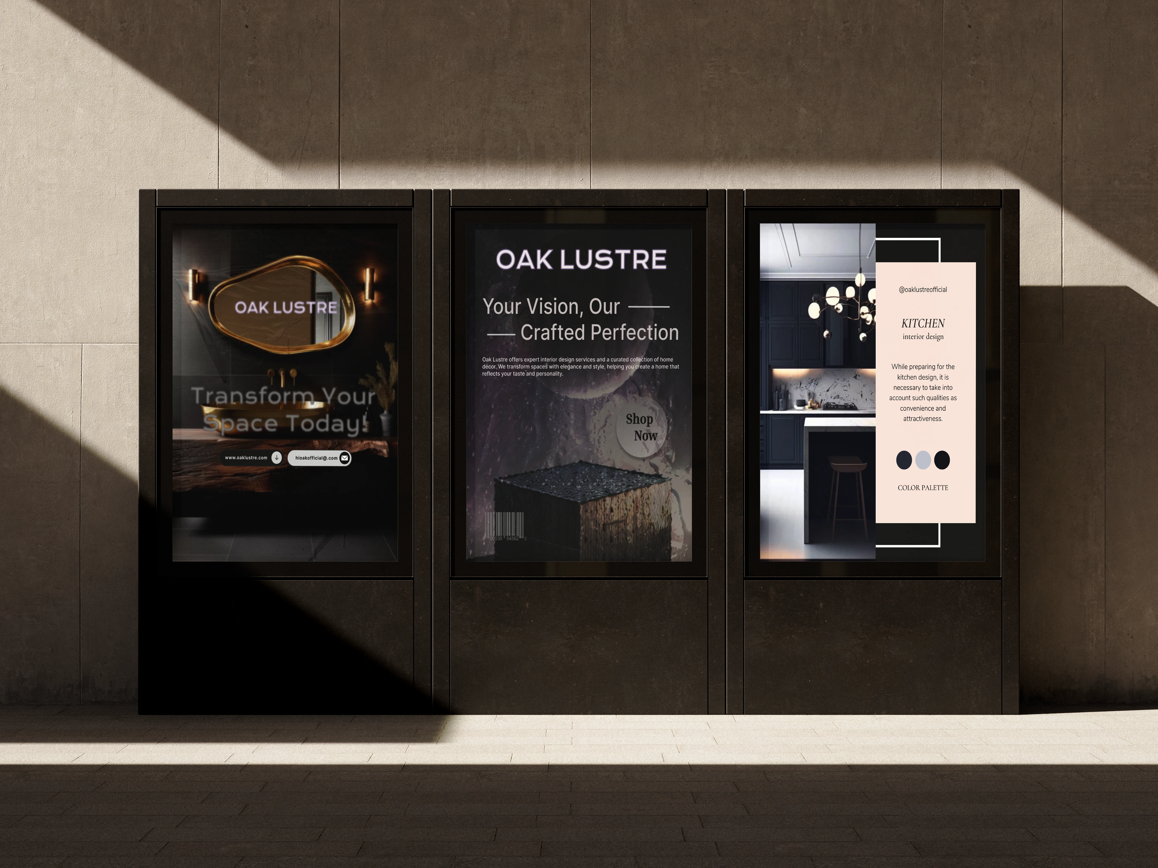 Oak Lustre billboard mockup: Featuring a bold, elegant design displayed on a billboard.