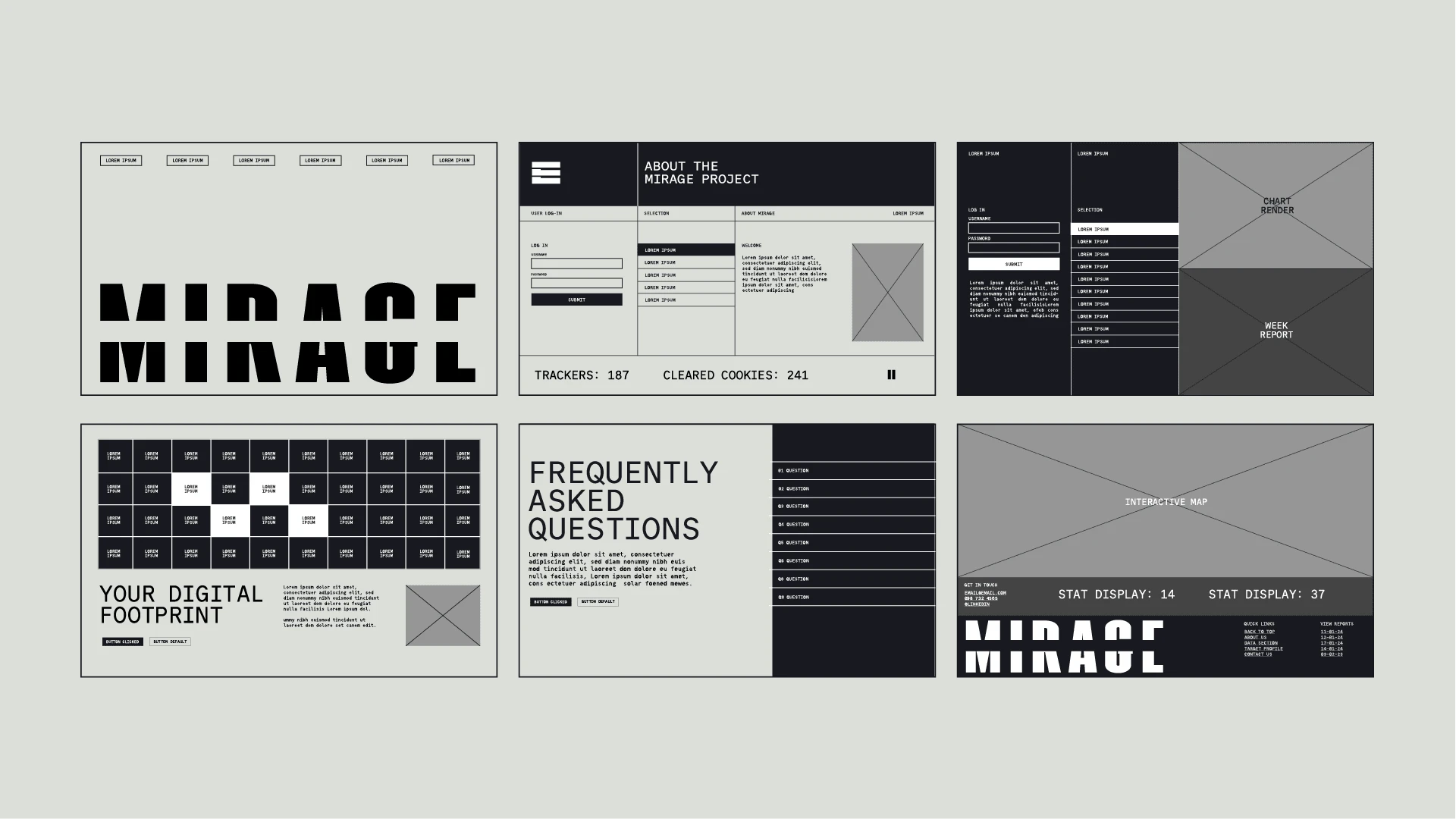 Early Section Wireframes w/ Placeholder Wordmark