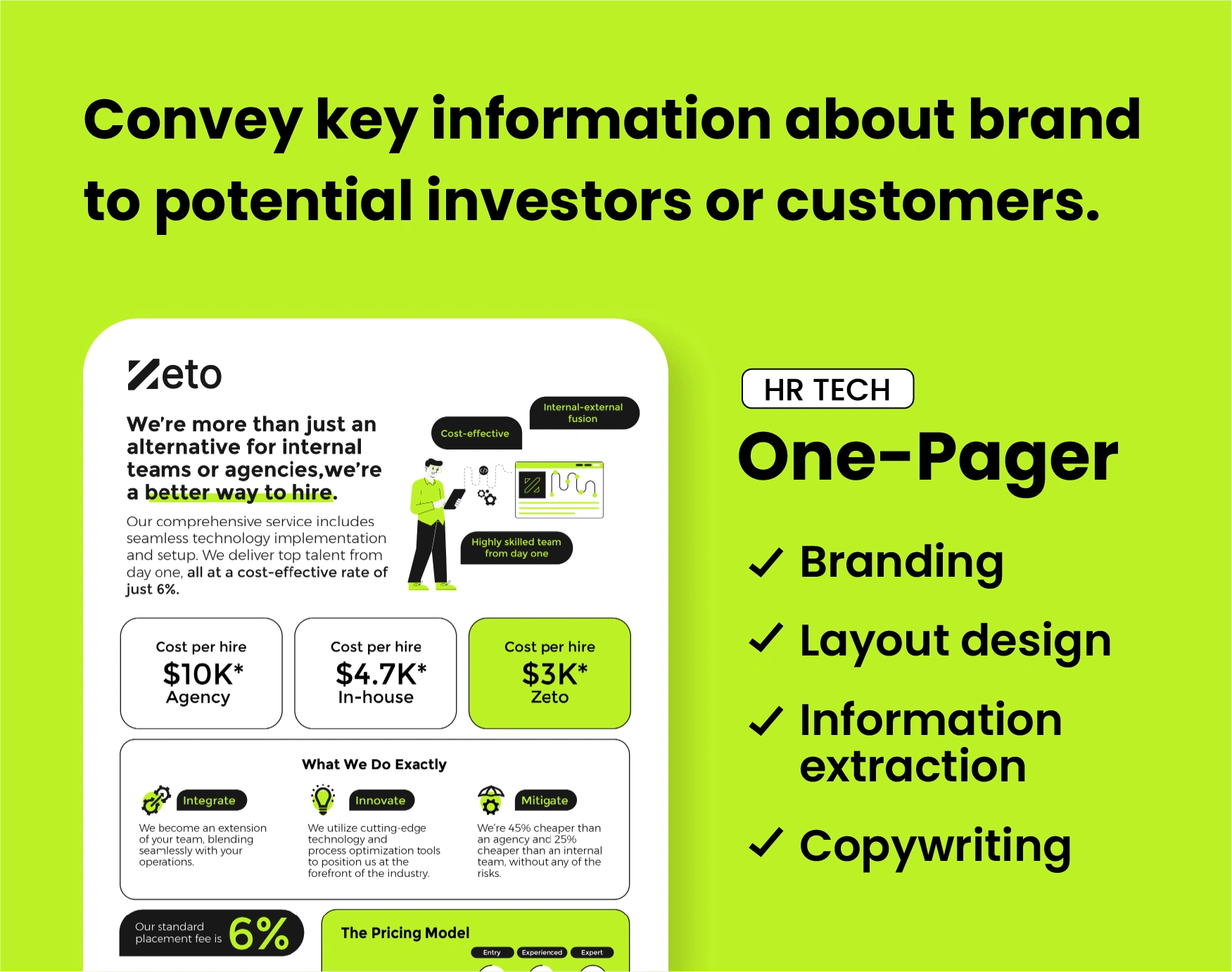 Simultaneously, I designed a one-pager pitch card for the client, incorporating the same content and branding in a summarized format. The data visualization in this design translates key performance indicators (KPIs) into easily digestible visual elements.