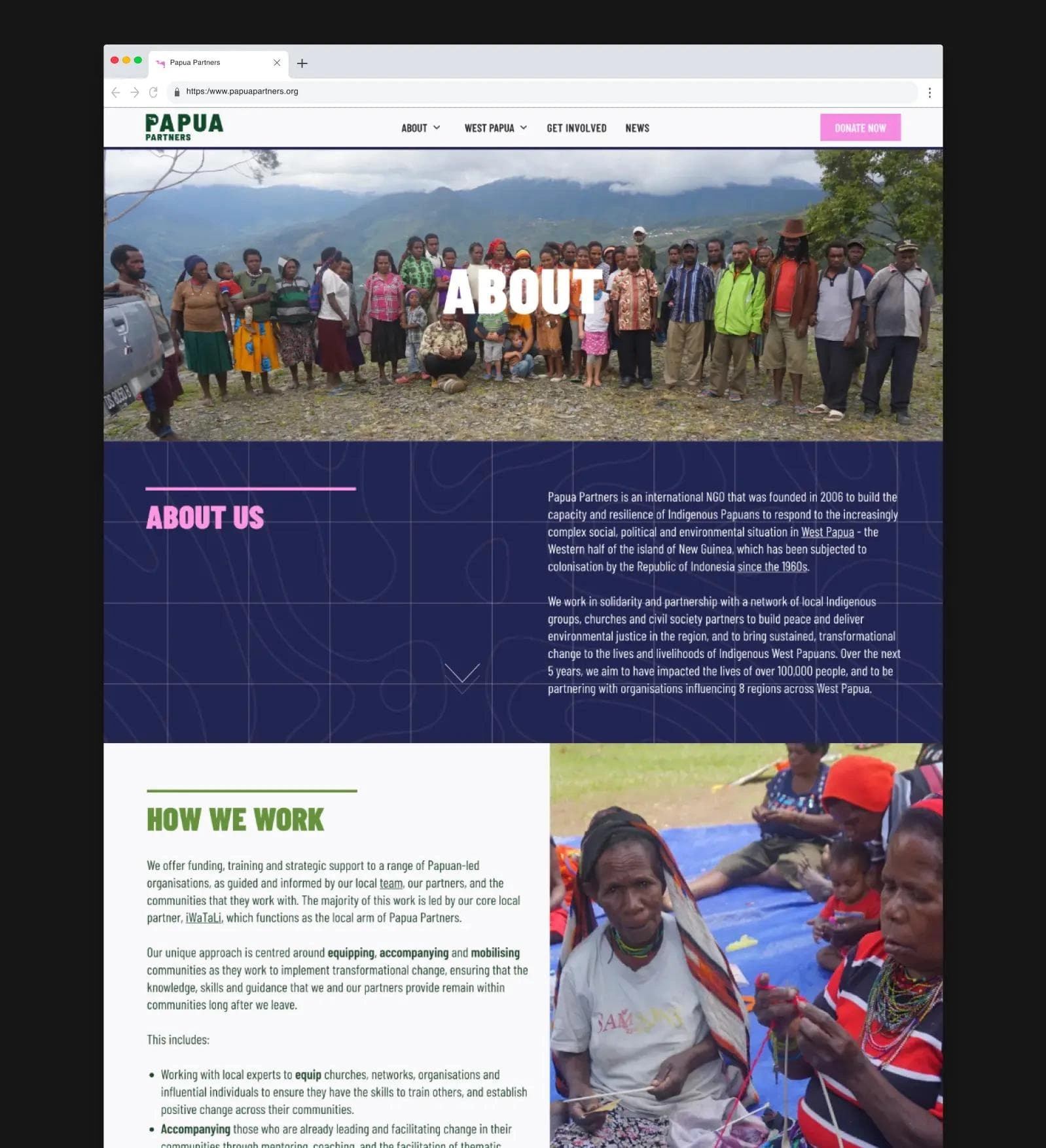 The website spotlights diverse interventions and pressing issues faced by indigenous West Papuans. The design has an action-oriented feel, whilst prioritising good user experience and navigability.