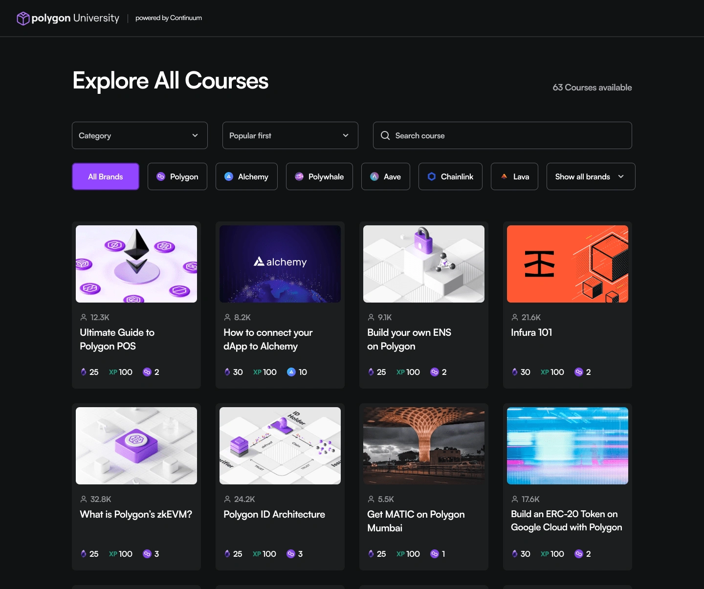 White label course exploration page for a partnership with Polygon for their partner courses.