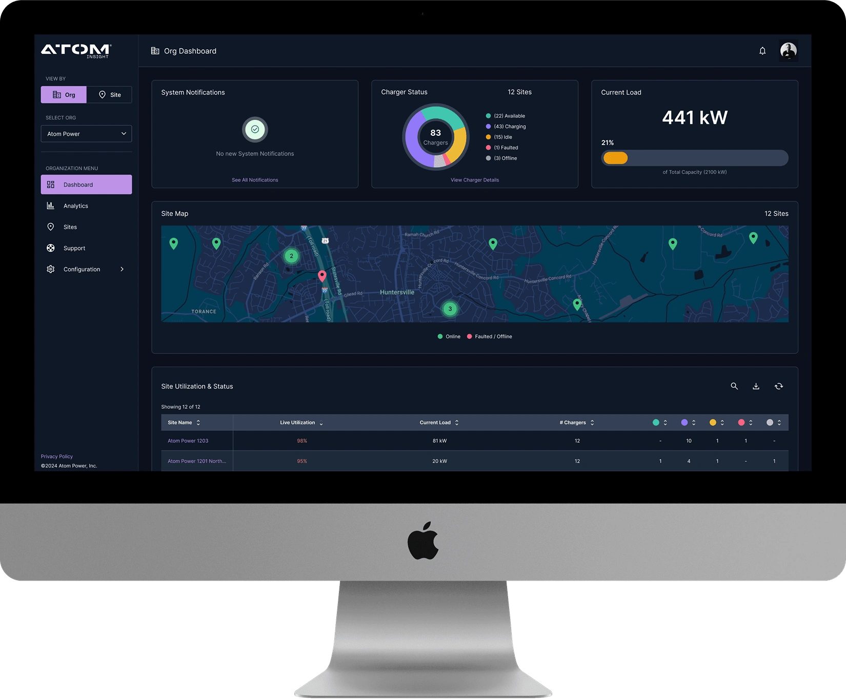 With real-time status for every site (Org Level) and charger (Site Level) within an Organization, Insight Dashboards provide visibility into the current health of your EV Charging Ecosystem