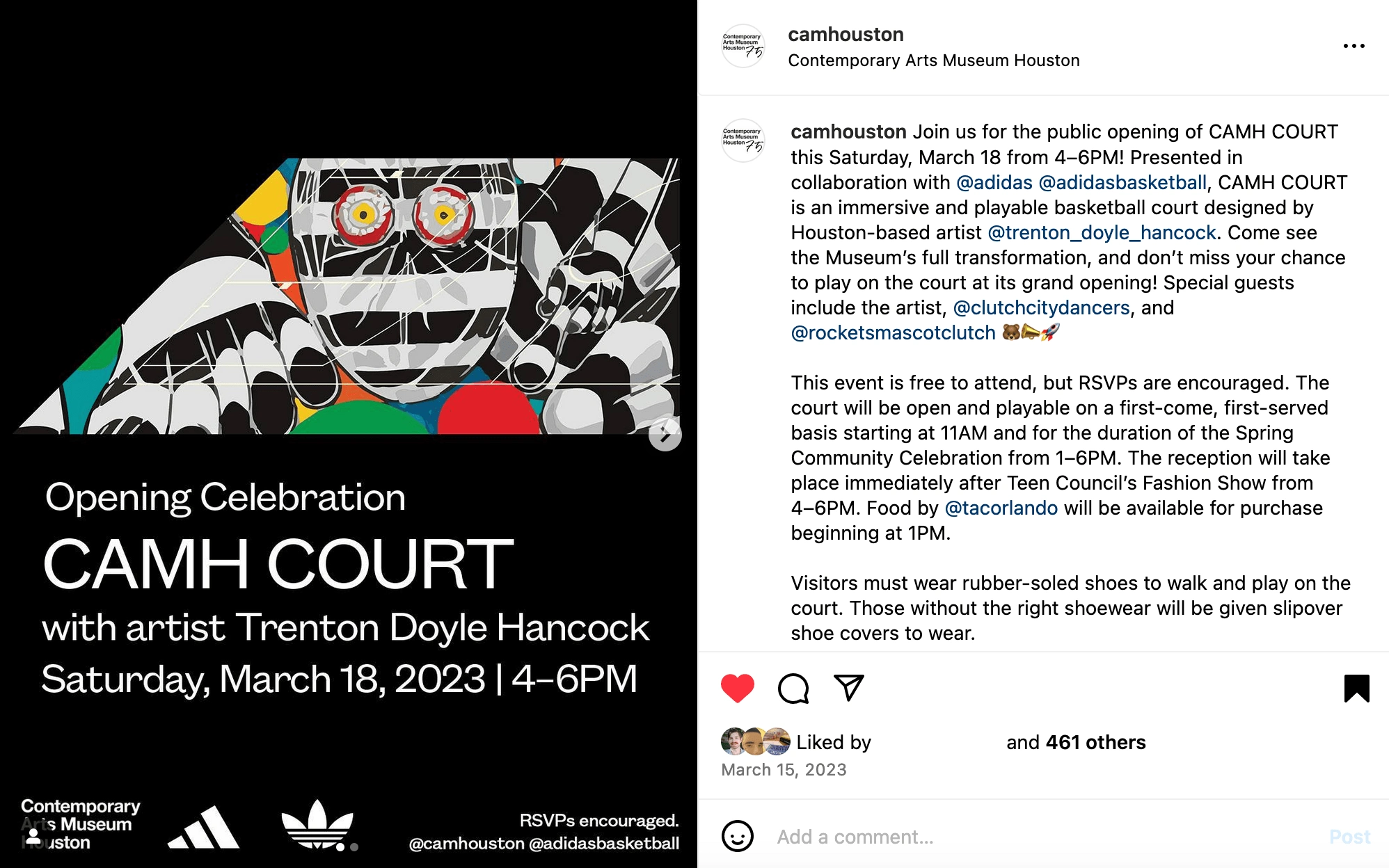 Announcement post for CAMH COURT's grand opening (March 15, 2023). Source image design by Trenton Doyle Hancock, court mockup by Phillip Pyle, II. Flyer design and copy by Victoria Nguyen.