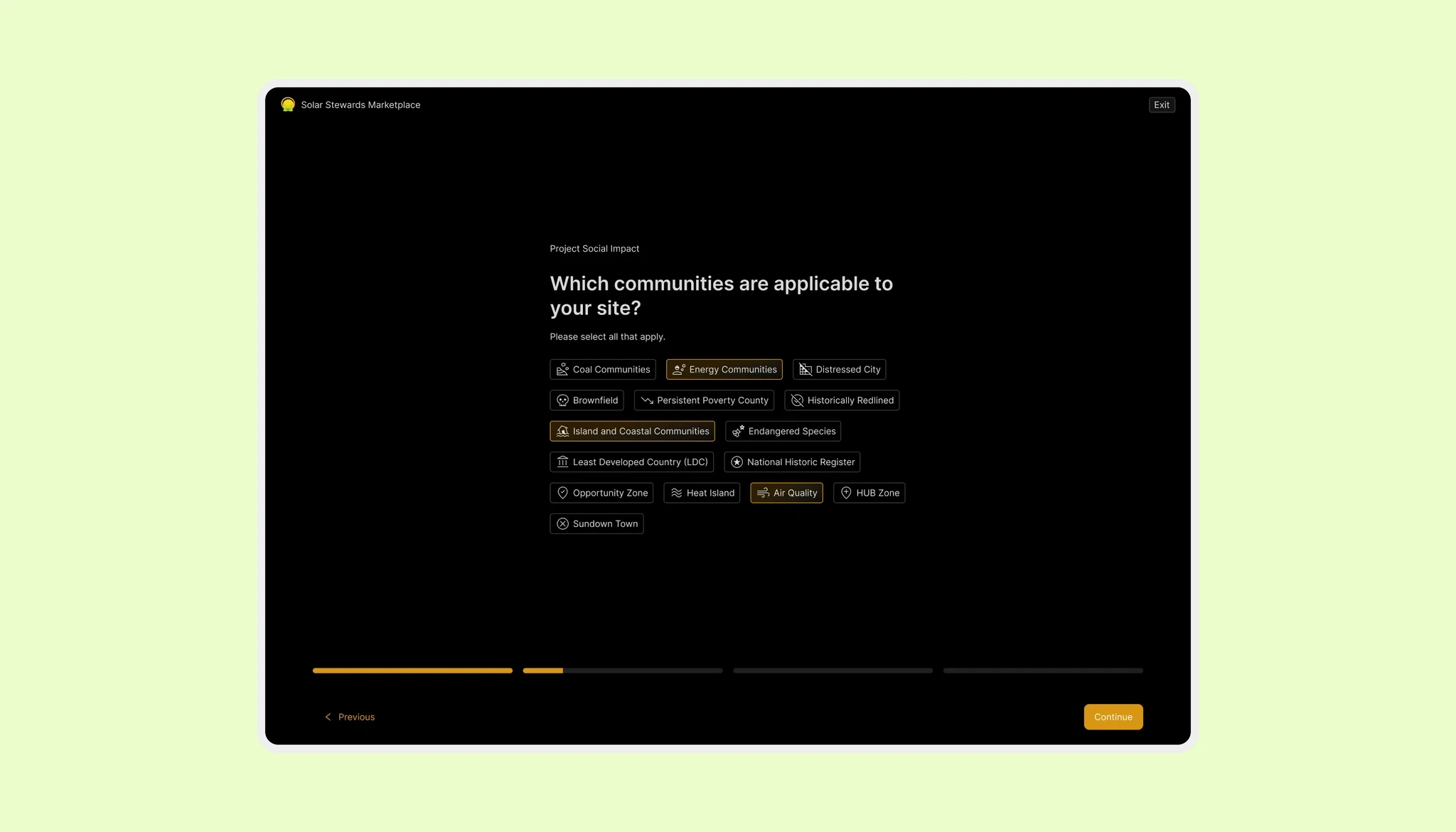 Multi-step form with a taxonomy to categorize all communities and institutions