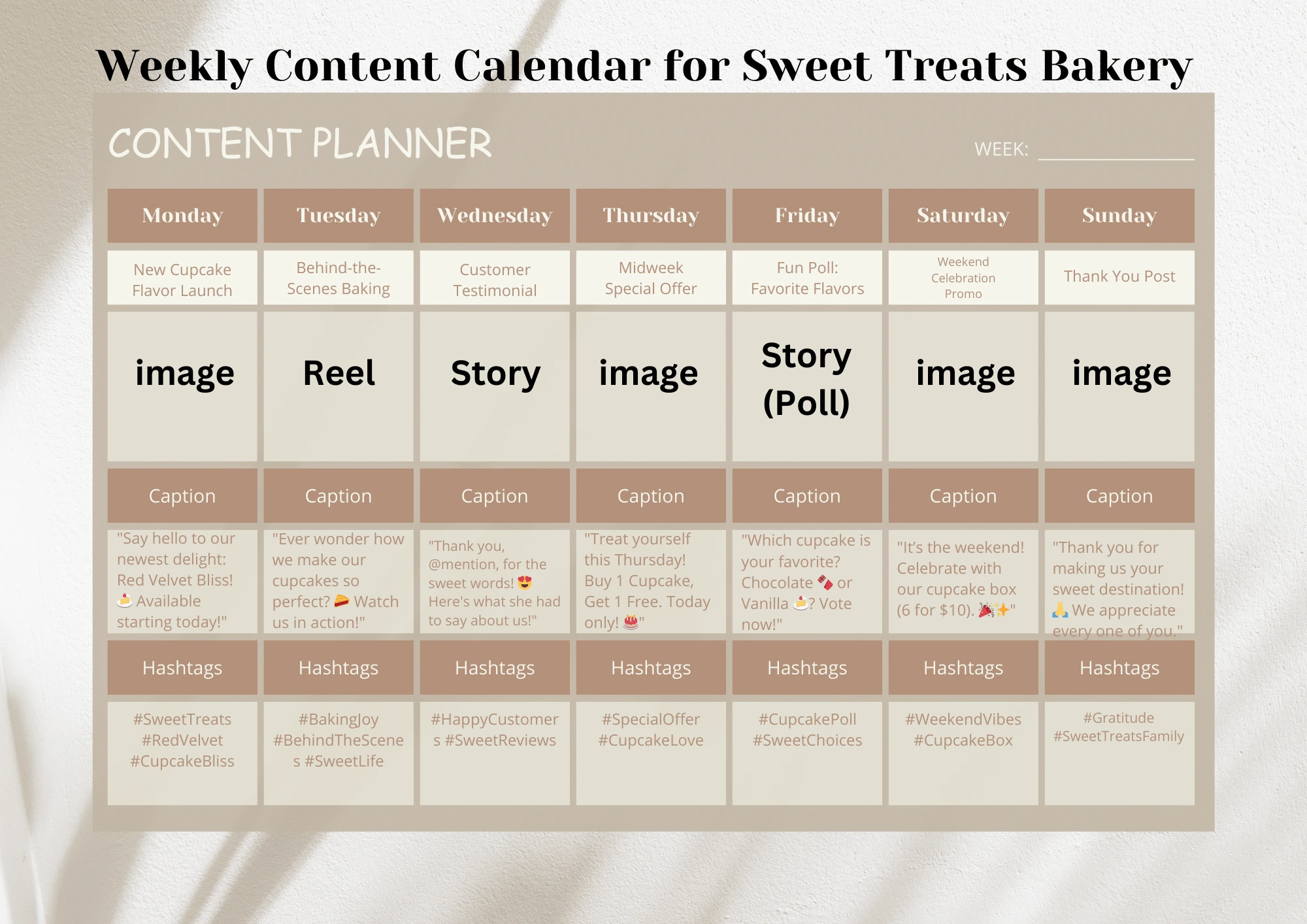 **Content Planning:** Developed a detailed 7-day content calendar with daily themes such as promotions, customer testimonials, engagement posts, and behind-the-scenes content.
