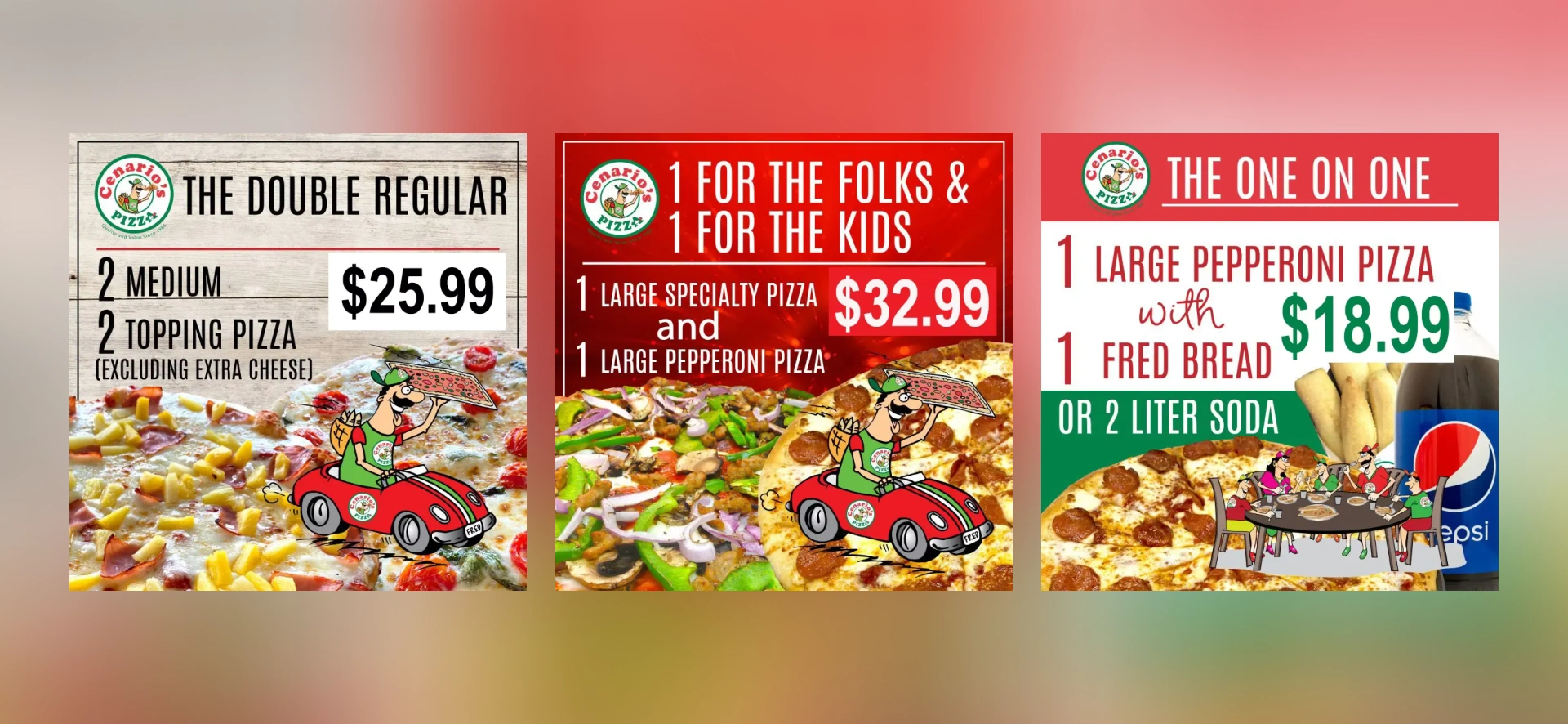 BEFORE: Compilation image of the old, less visually appealing pizza coupons