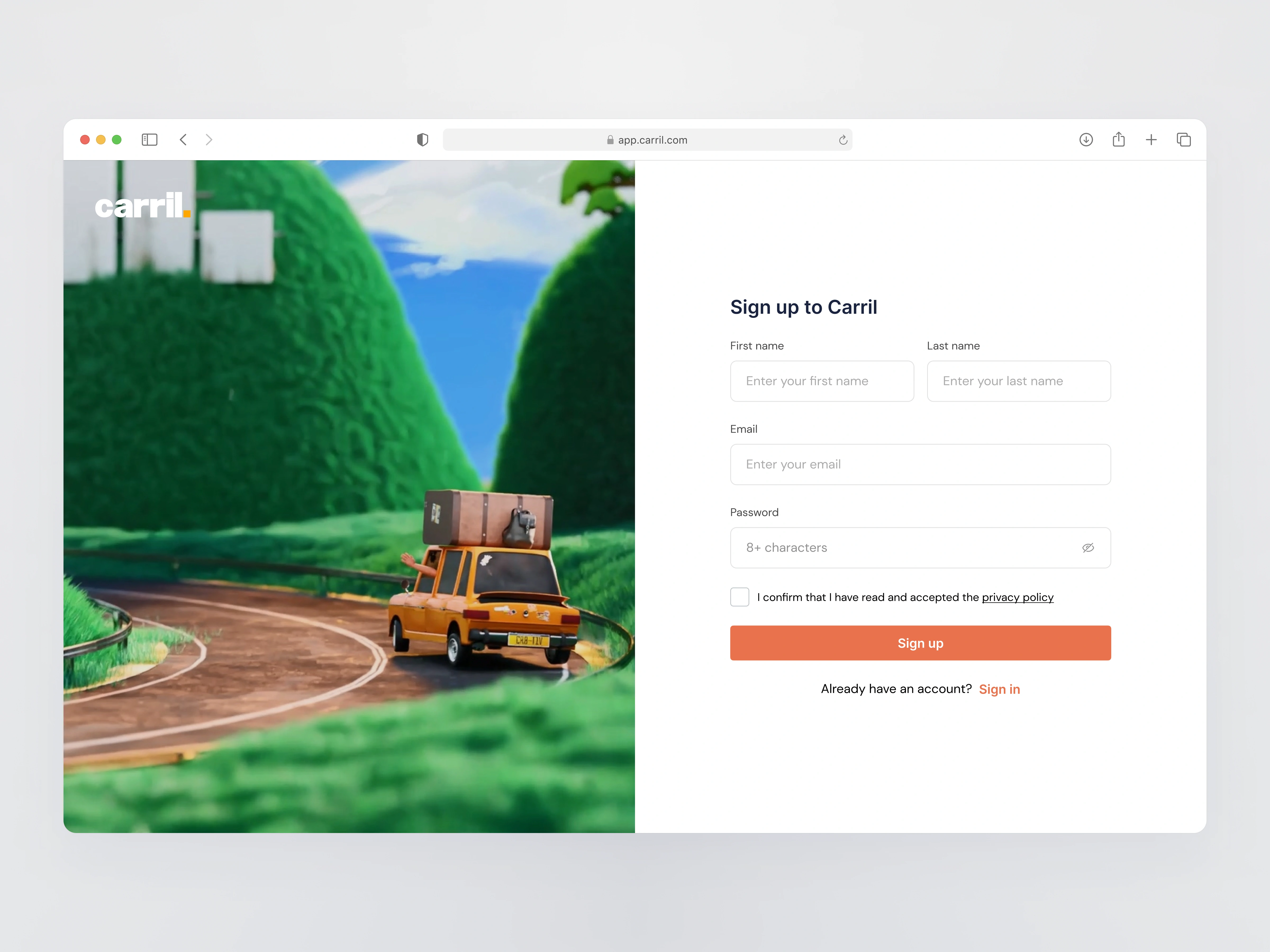 Sign up screen 