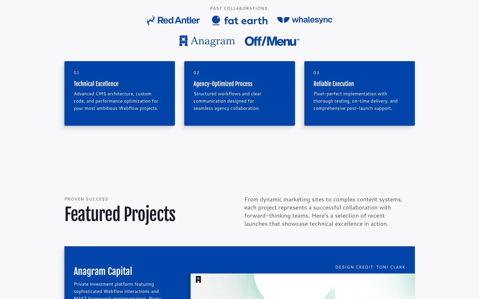 Value proposition section featuring logos of premium clients like Red Antler and Whalesync, establishing credibility