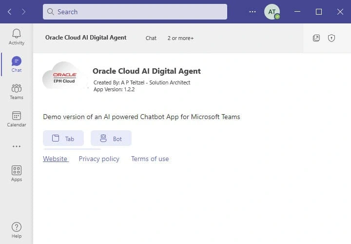 The Oracle Cloud AI Digital Agent available as an app in Microsoft Teams