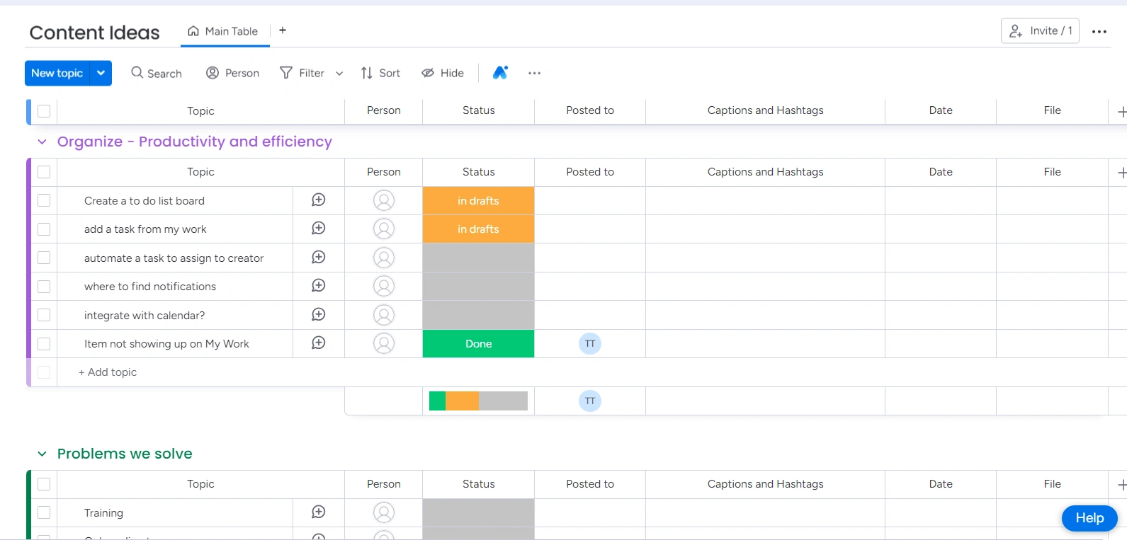 Basic monday.com board for content creation management