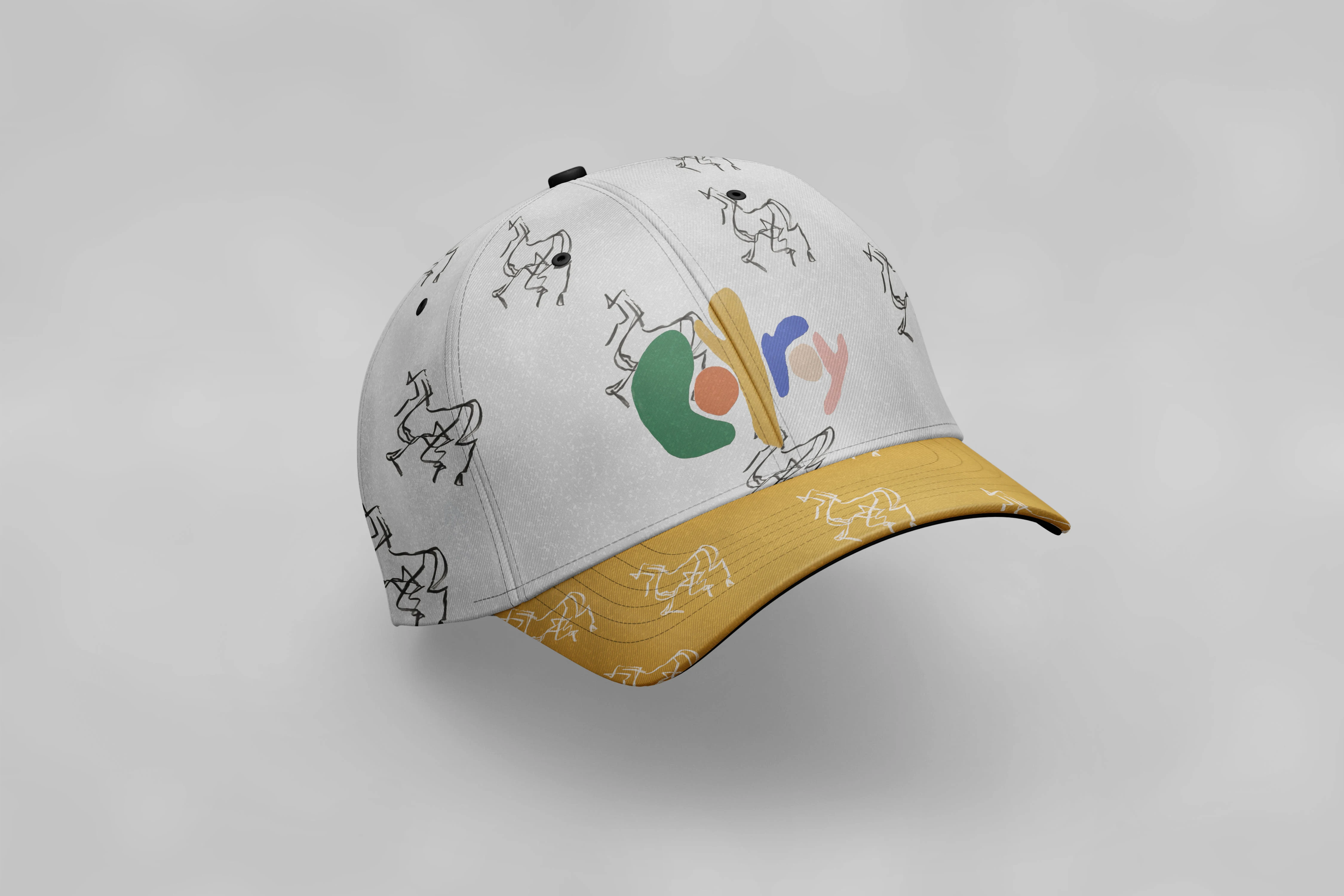 Hat design featuring Coy Roy logo and single-line drawing of horses created by artist Bo Rinehart