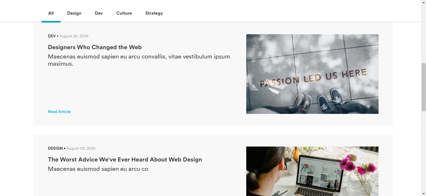 Blog posts section on the home page