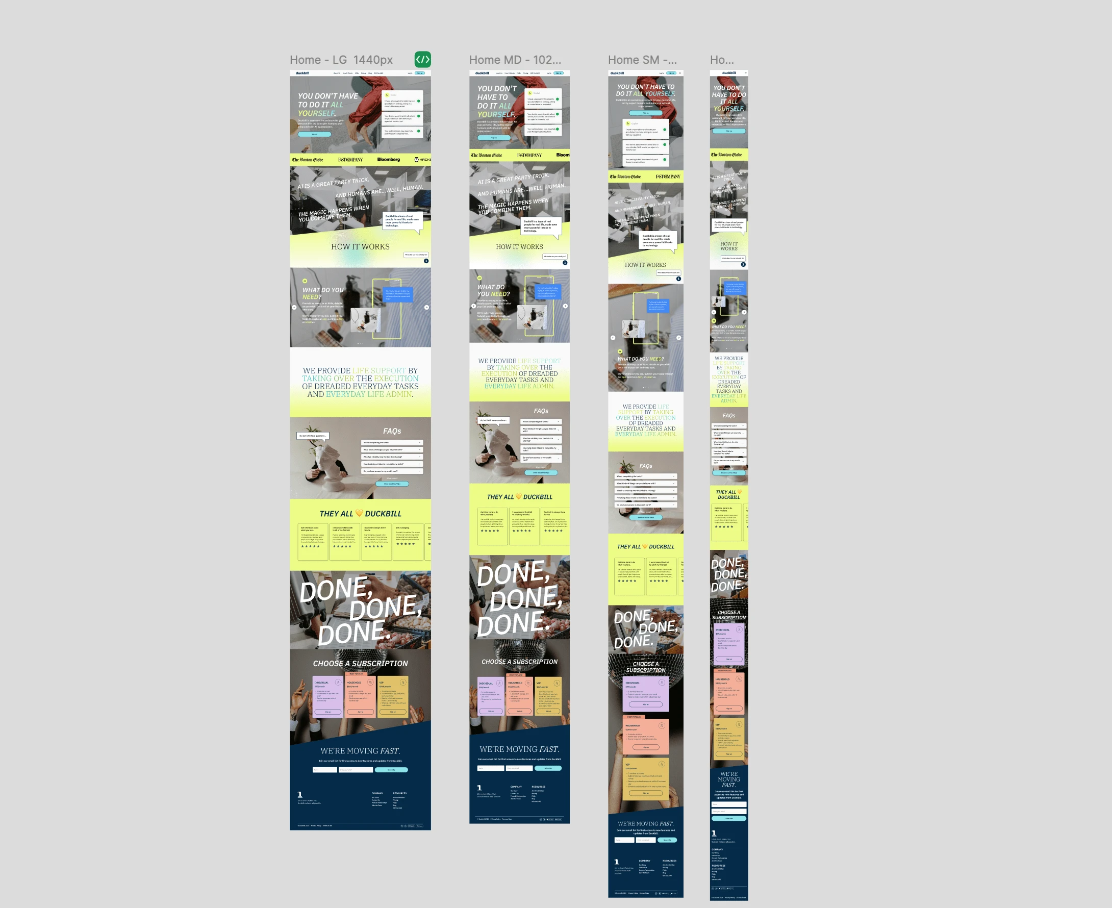 Bird's eye video of different breakpoint UI designs of the homepage.