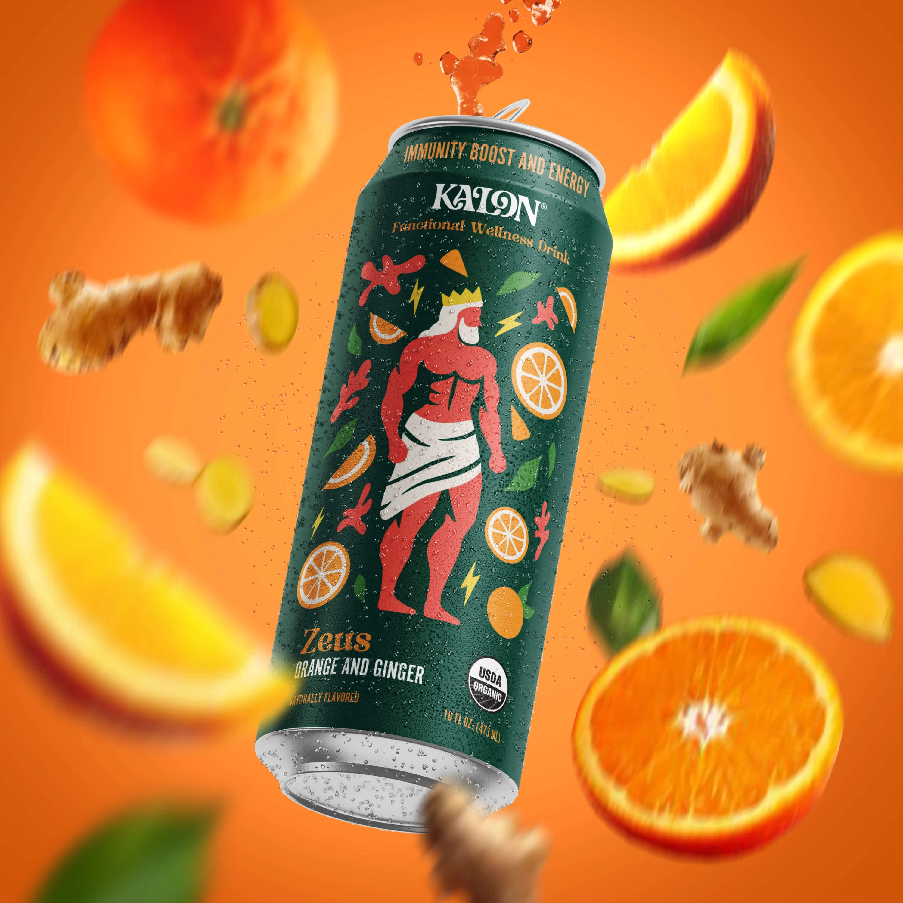 Bright and zesty orange combines with the invigorating warmth of ginger for a powerful, energizing blend. The packaging features lightning-inspired patterns and bold yellows, representing Zeus’s dynamic energy and dominance.