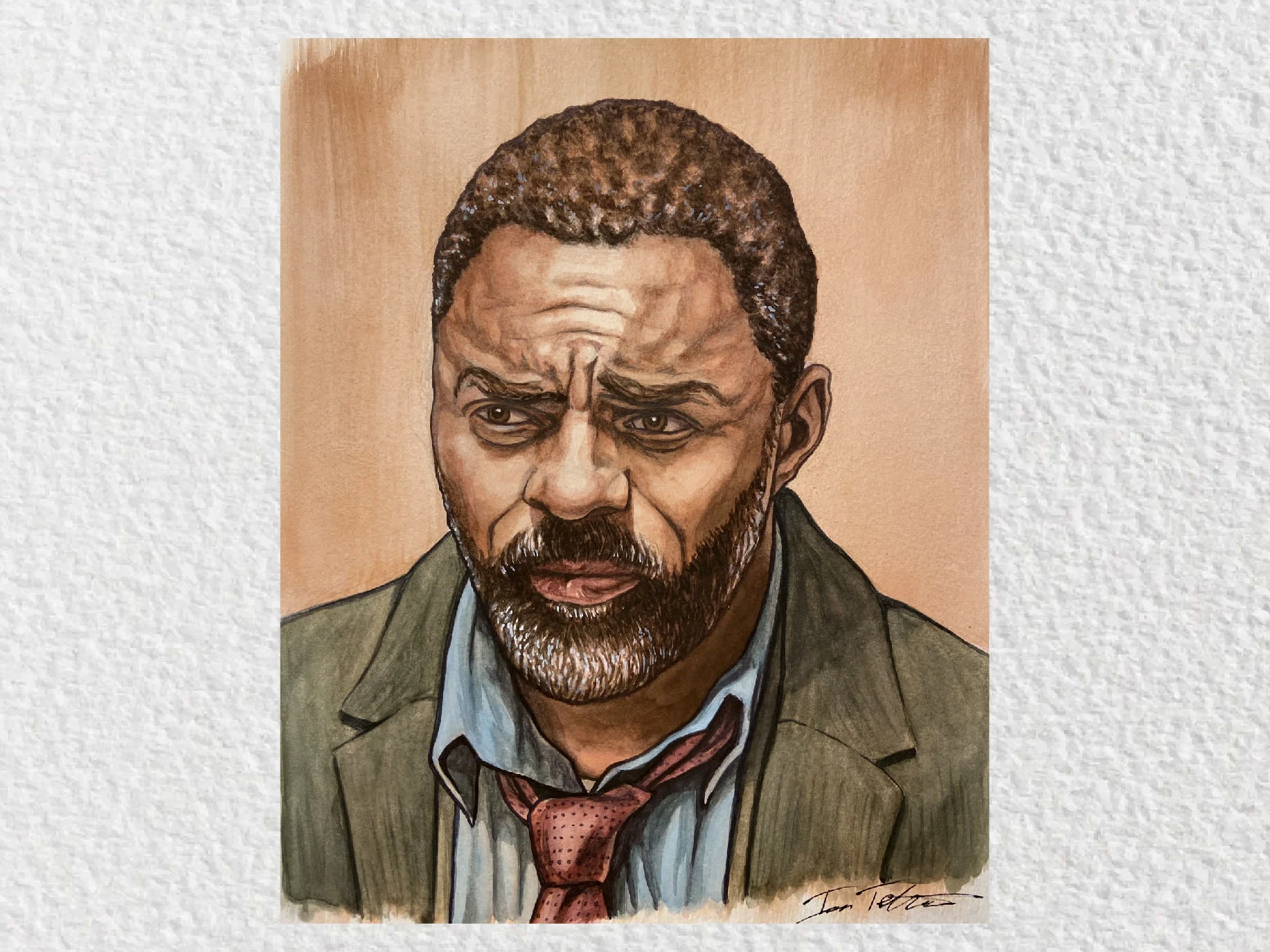 Watercolor portrait of Idris Elba as Luther.